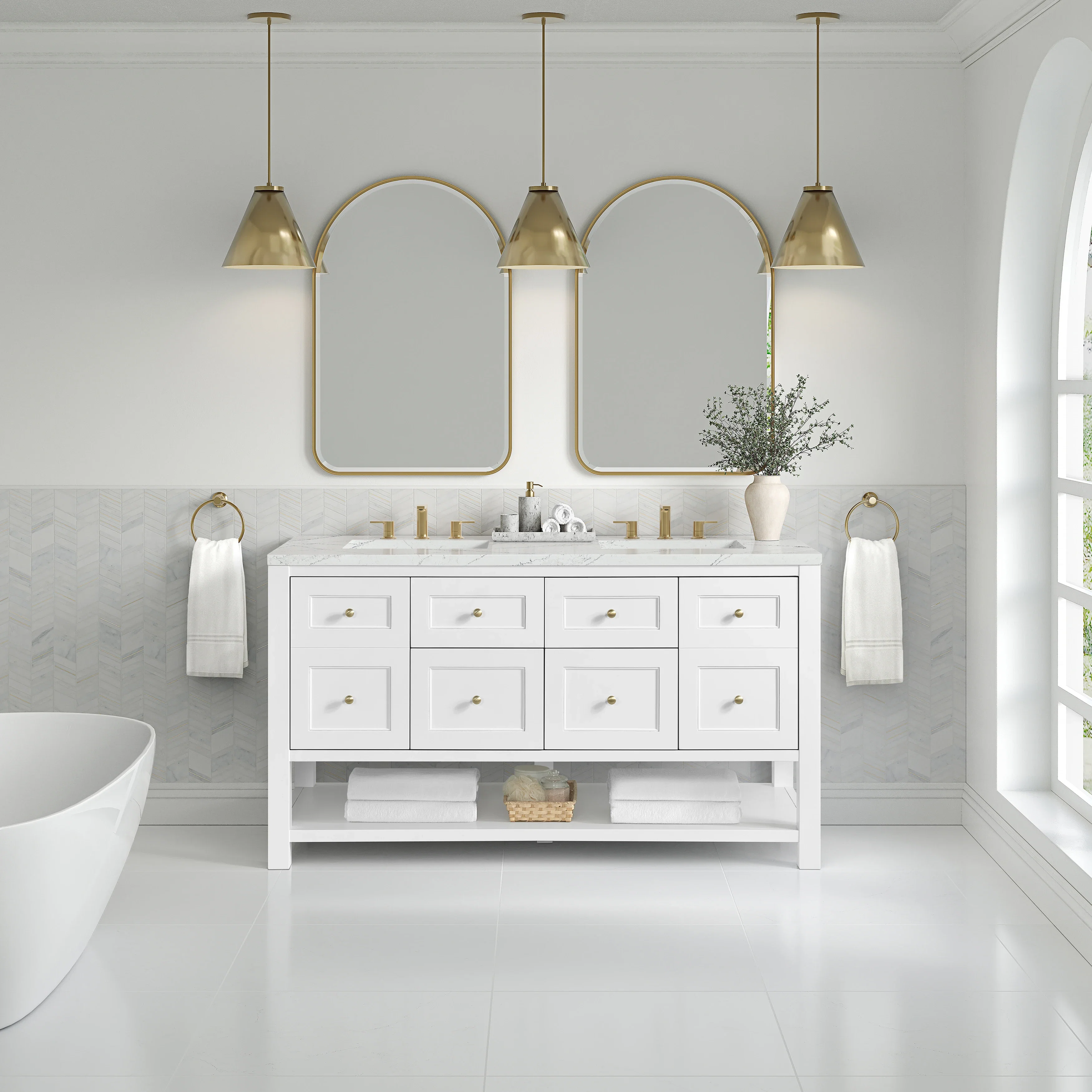 Breckenridge 60" Double Vanity, Bright White, w/ 3 CM Ethereal Noctis Quartz Top