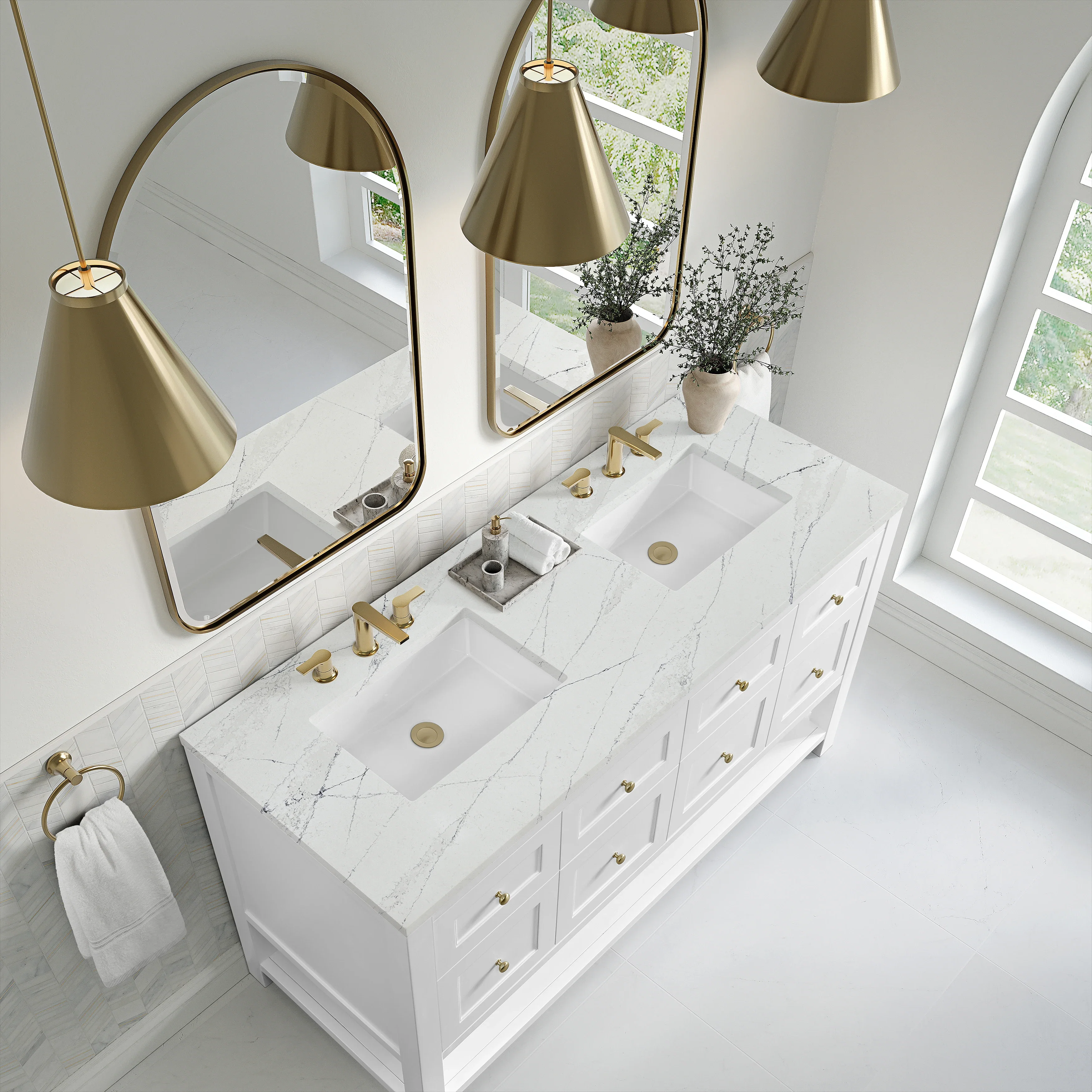 Breckenridge 60" Double Vanity, Bright White, w/ 3 CM Ethereal Noctis Quartz Top