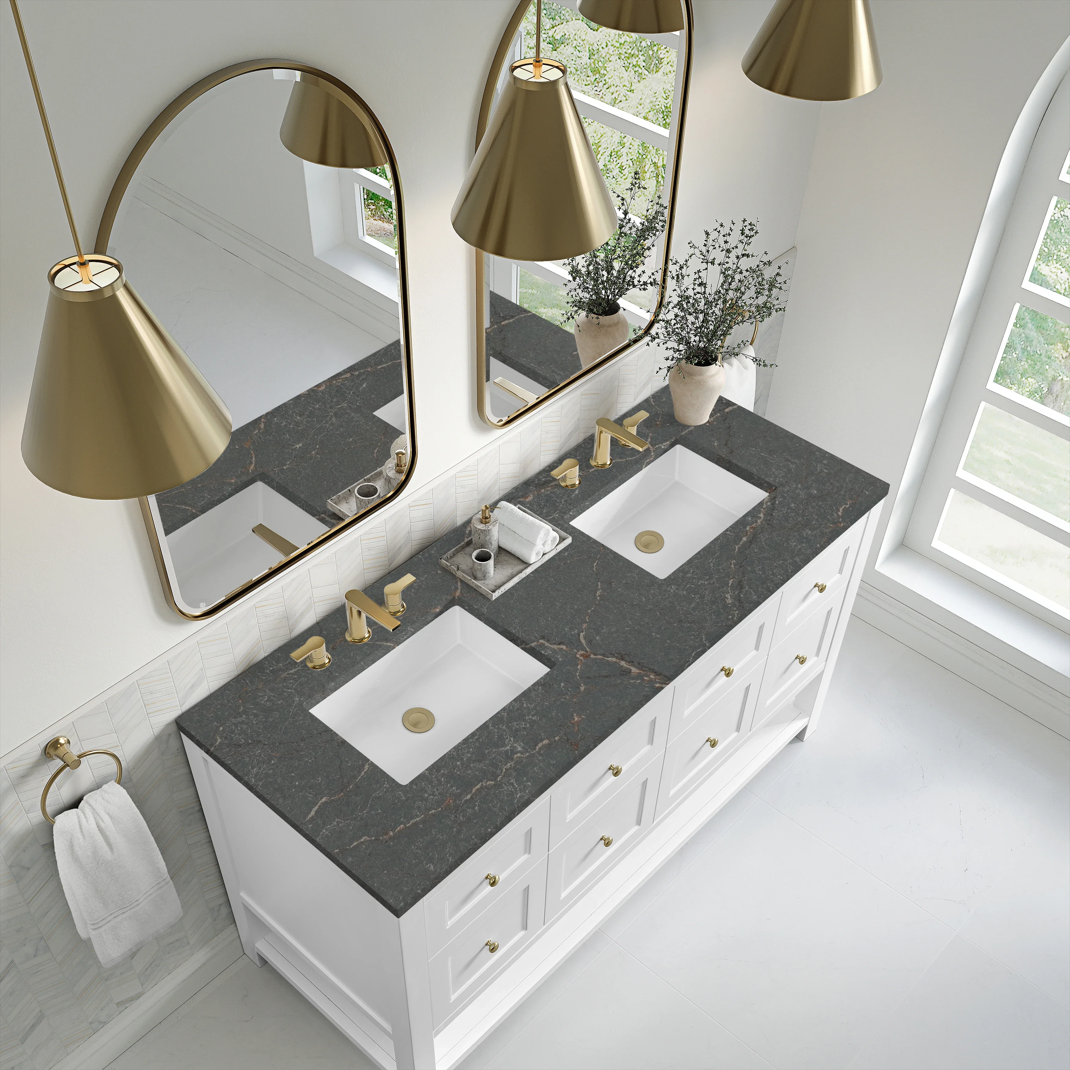 Breckenridge 60" Double Vanity, Bright White, w/ 3 CM Parisien Bleu Quartz Top