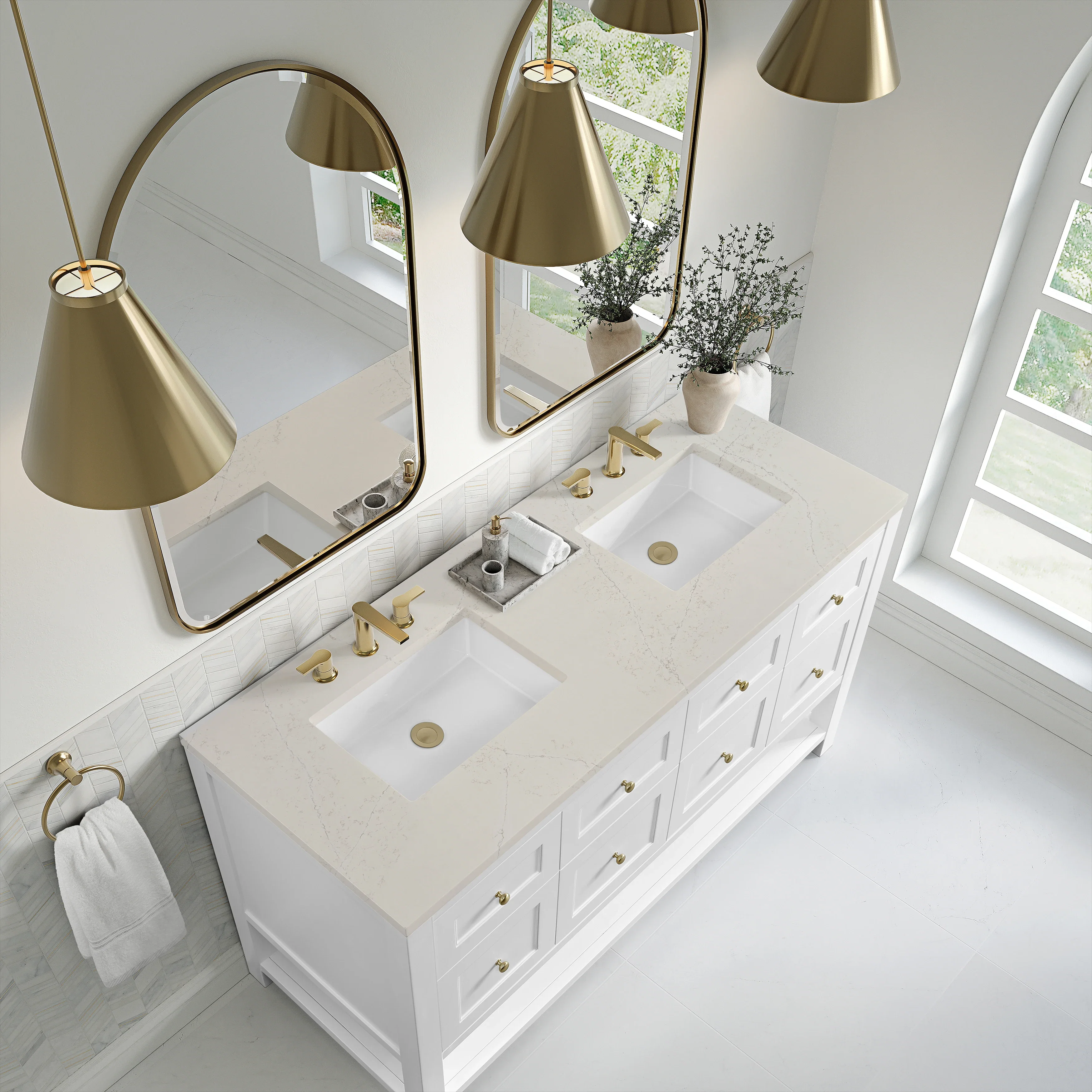 Breckenridge 60" Double Vanity, Bright White, w/ 3 CM Siberian Silestone Top