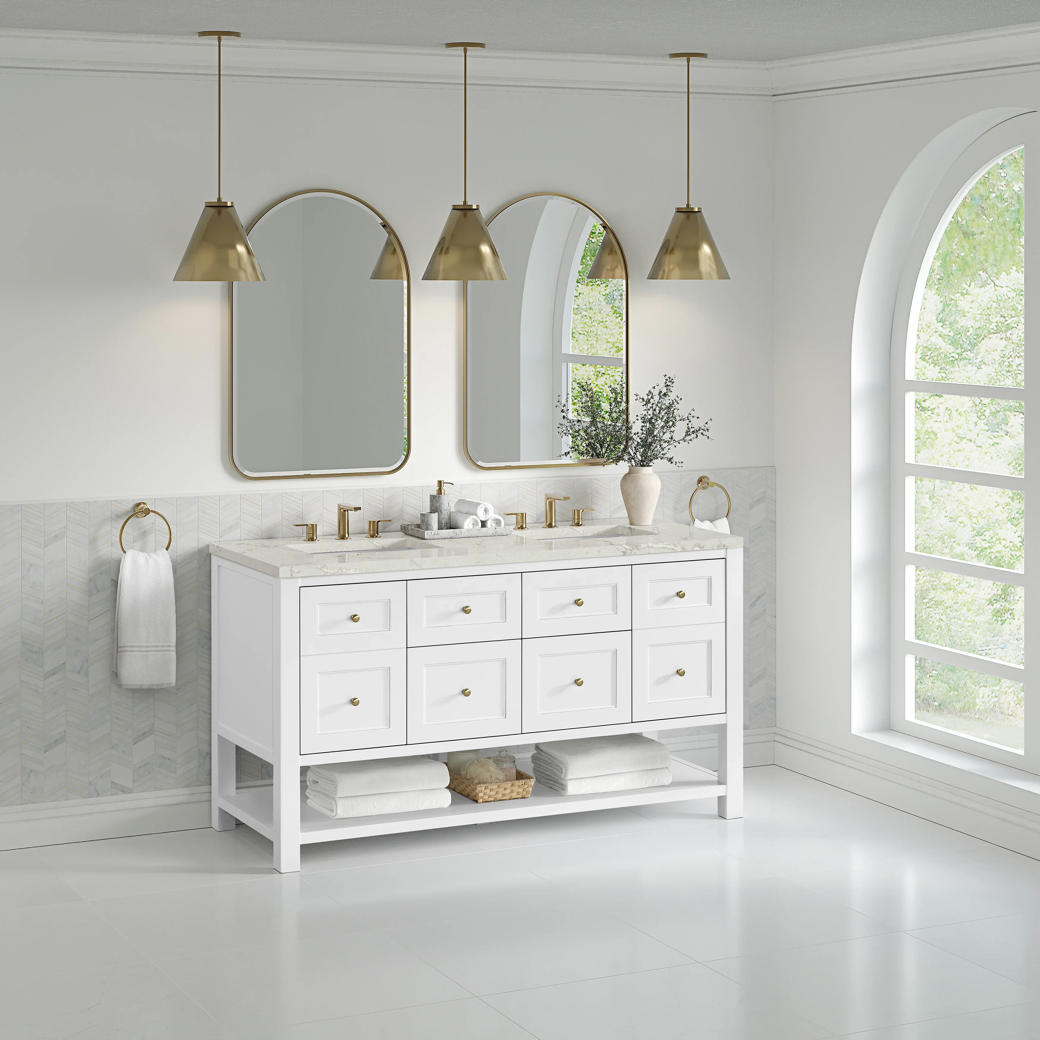 Breckenridge 60" Double Vanity, Bright White, w/ 3 CM Victorian Silver Quartz Top