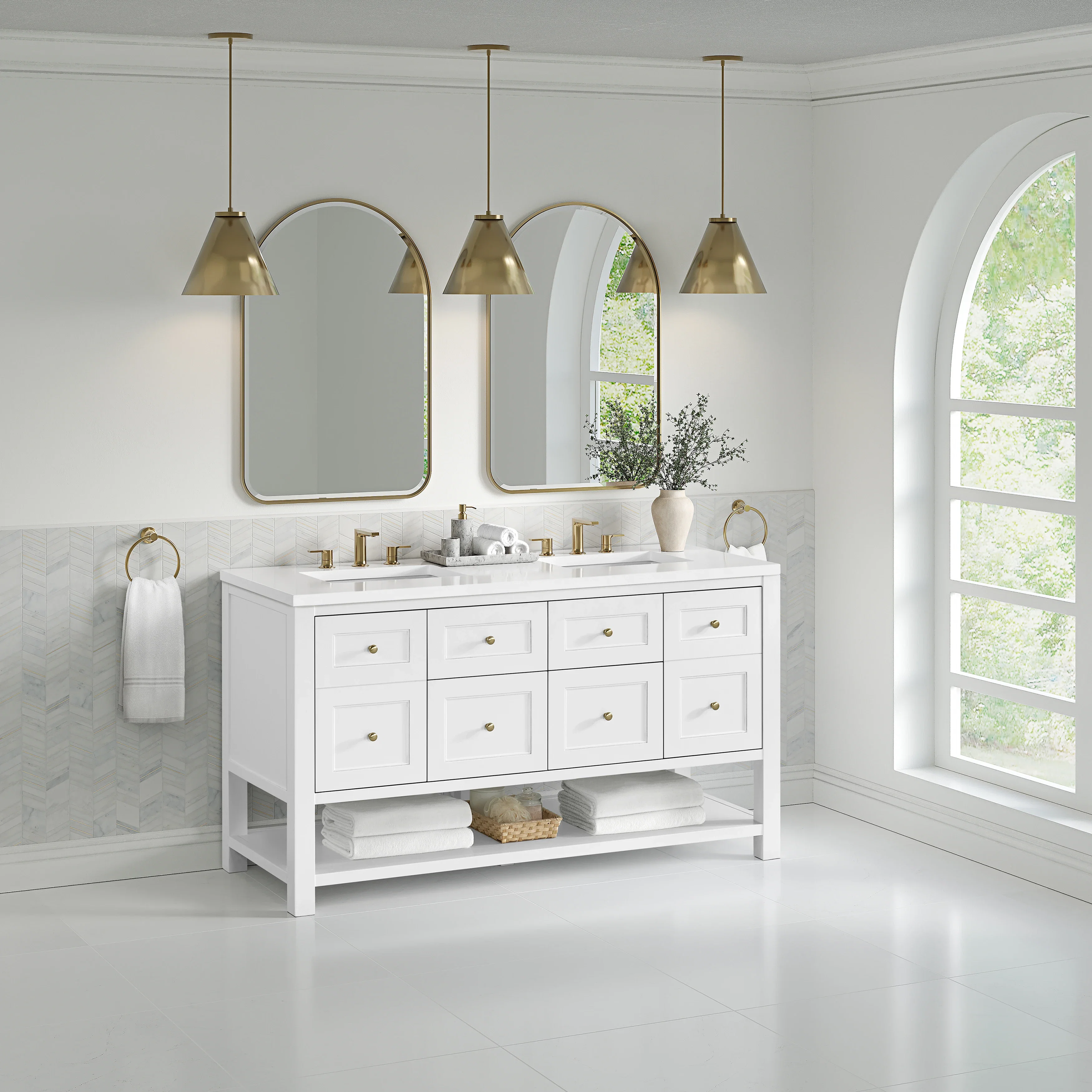 Breckenridge 60" Double Vanity, Bright White, w/ 3 CM White Zeus Quartz Top