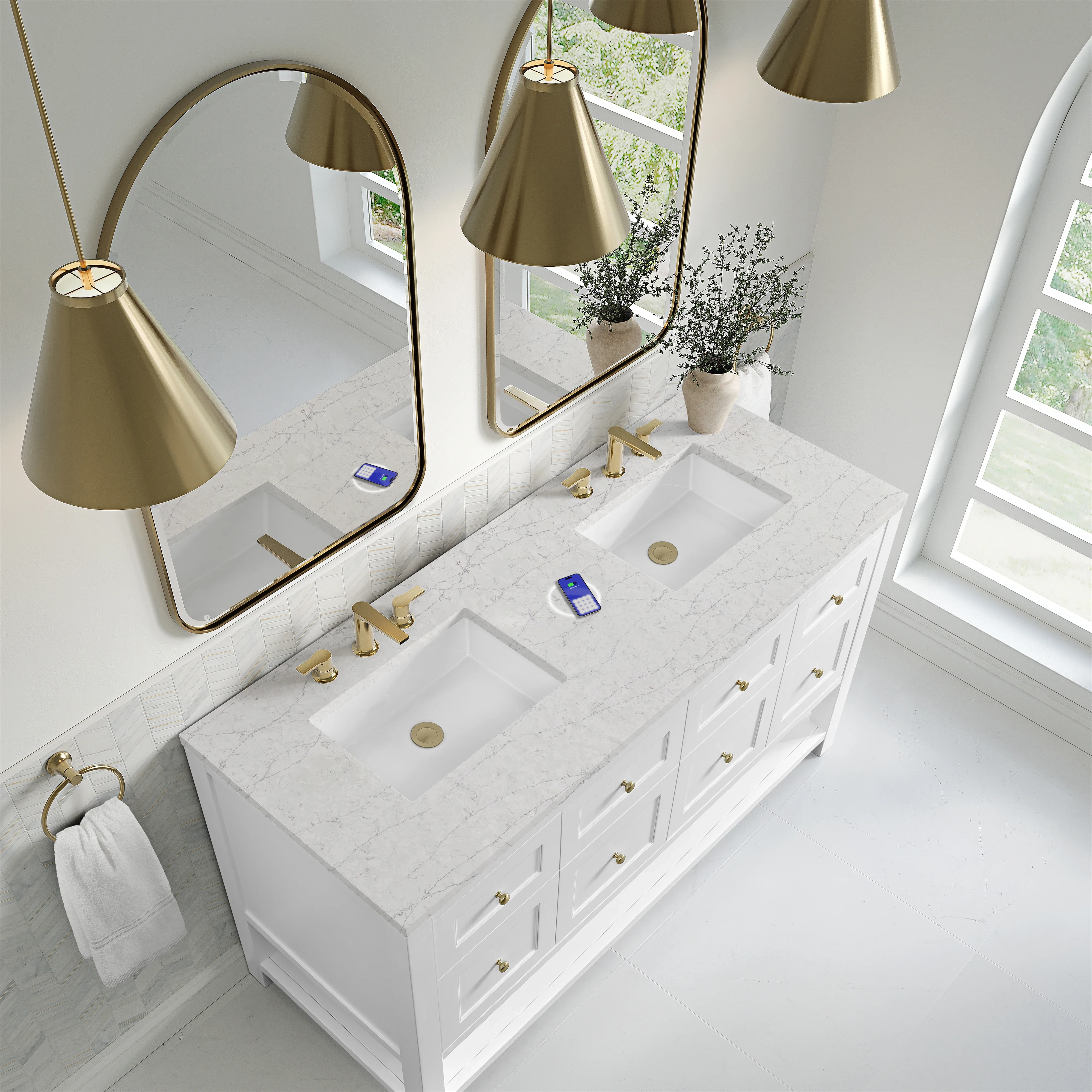 Breckenridge 60" Double Vanity, Bright White, w/ 3 CM Eternal Jasmine Pearl Quartz Top w/FreePower Wireless Charger