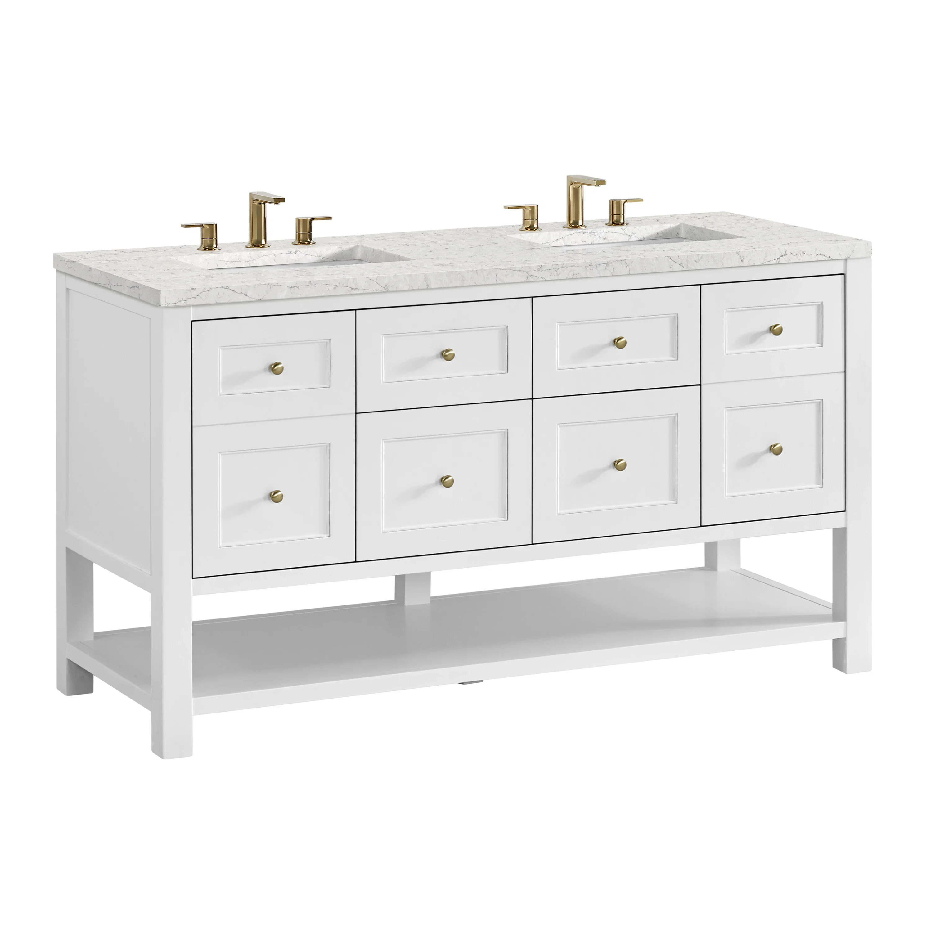 Breckenridge 60" Double Vanity, Bright White, w/ 3 CM Eternal Jasmine Pearl Quartz Top w/FreePower Wireless Charger