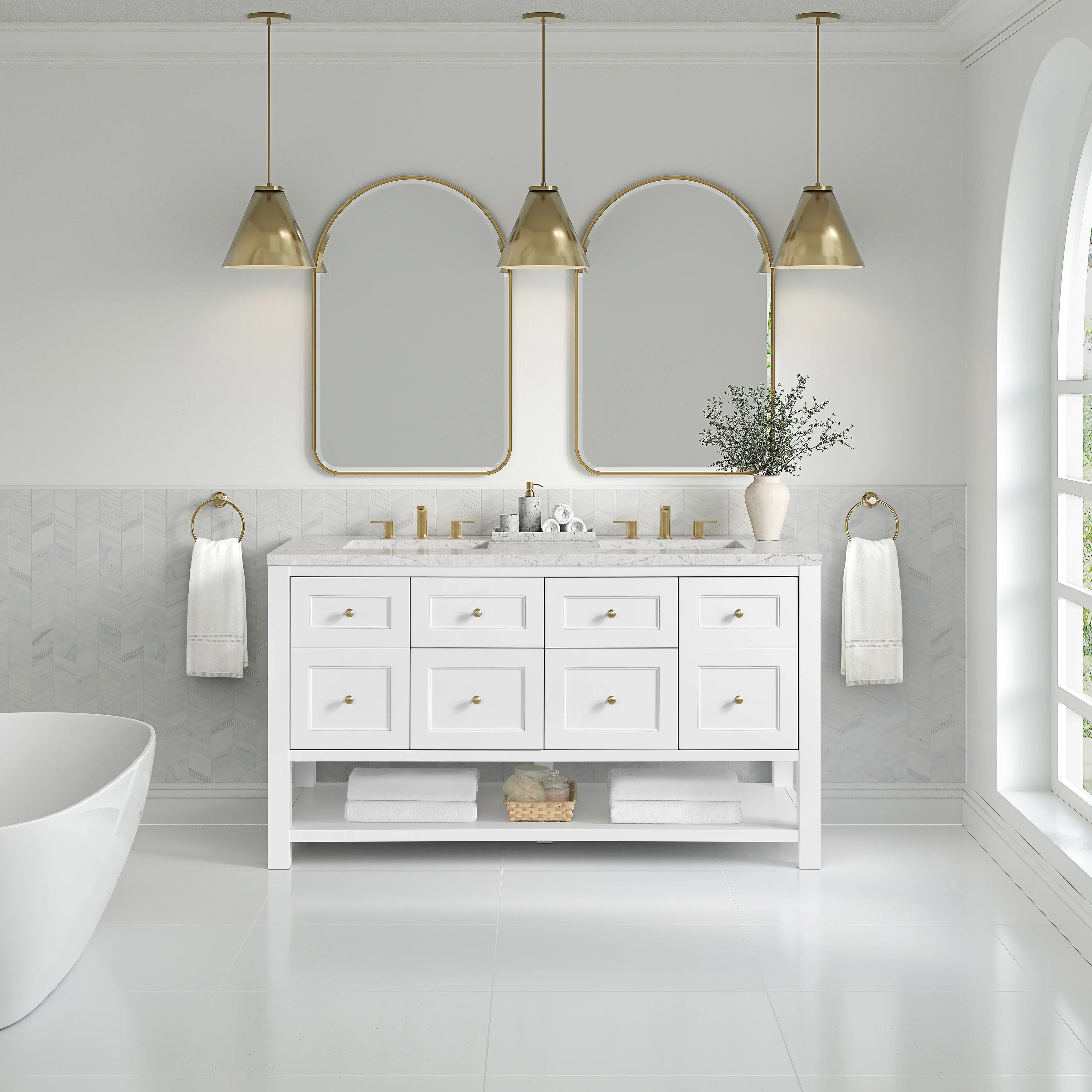 Breckenridge 60" Double Vanity, Bright White, w/ 3 CM Eternal Jasmine Pearl Quartz Top w/FreePower Wireless Charger