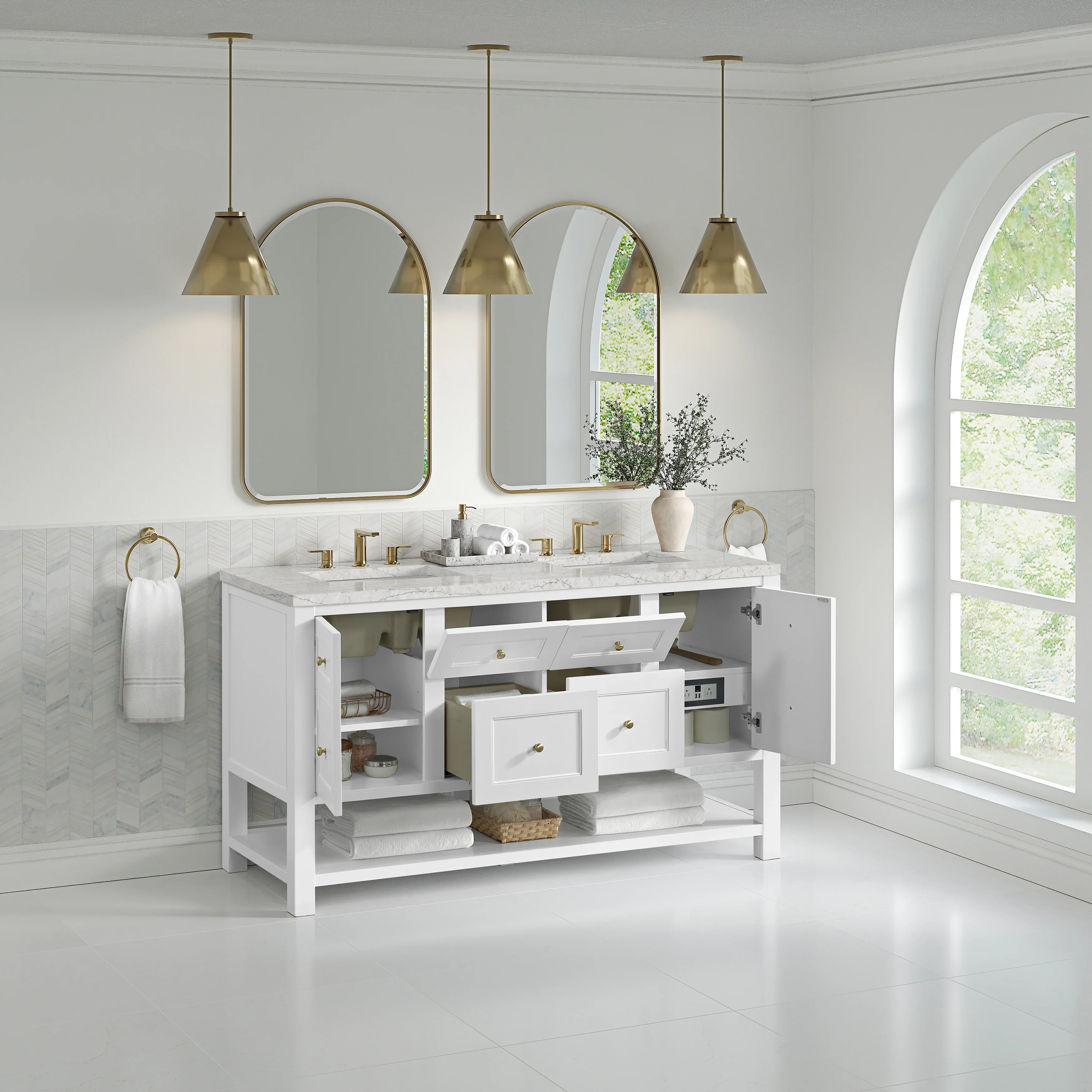 Breckenridge 60" Double Vanity, Bright White, w/ 3 CM Eternal Jasmine Pearl Quartz Top w/FreePower Wireless Charger