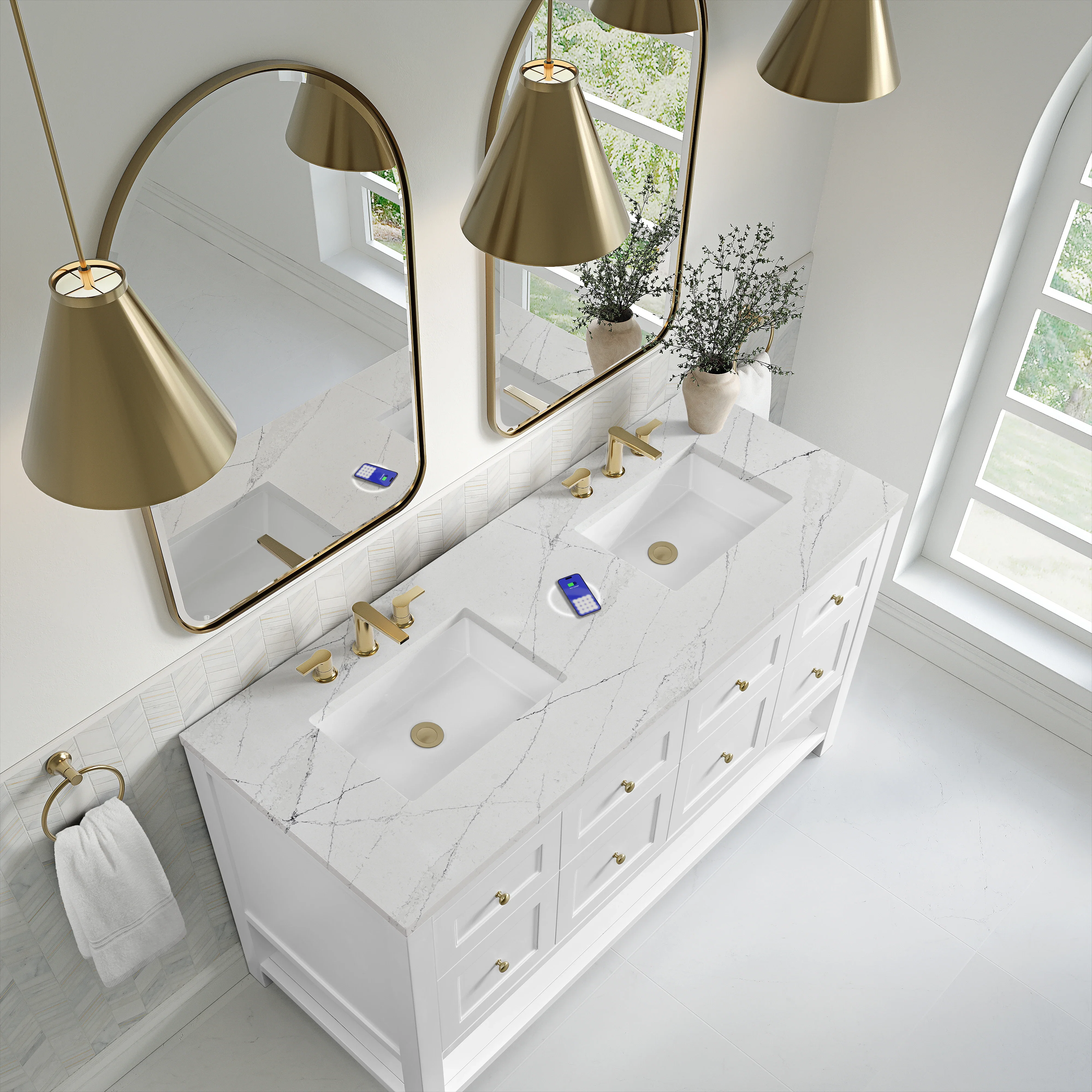 Breckenridge 60" Double Vanity, Bright White, w/ 3 CM Ethereal Noctis Quartz Top w/FreePower Wireless Charger