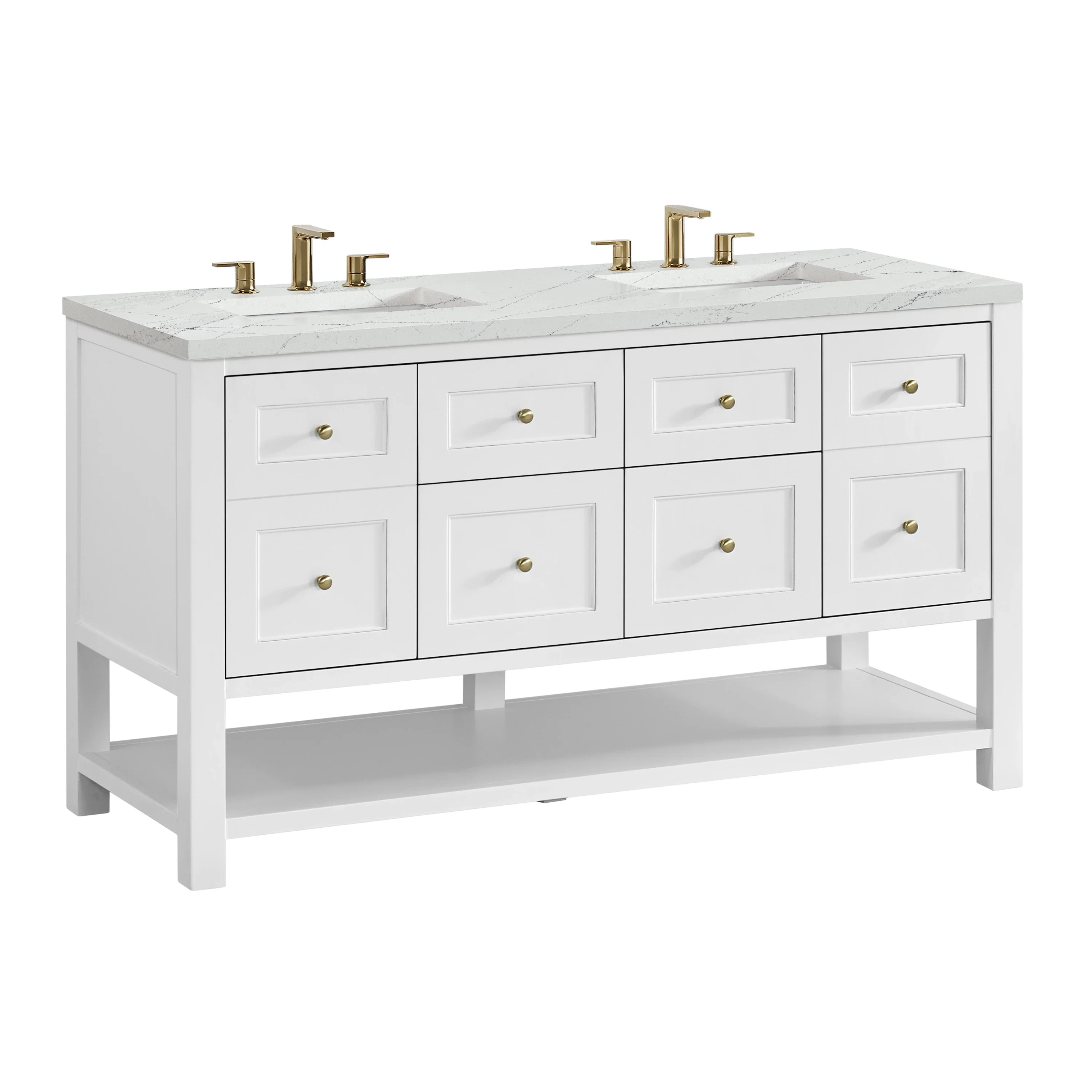 Breckenridge 60" Double Vanity, Bright White, w/ 3 CM Ethereal Noctis Quartz Top w/FreePower Wireless Charger