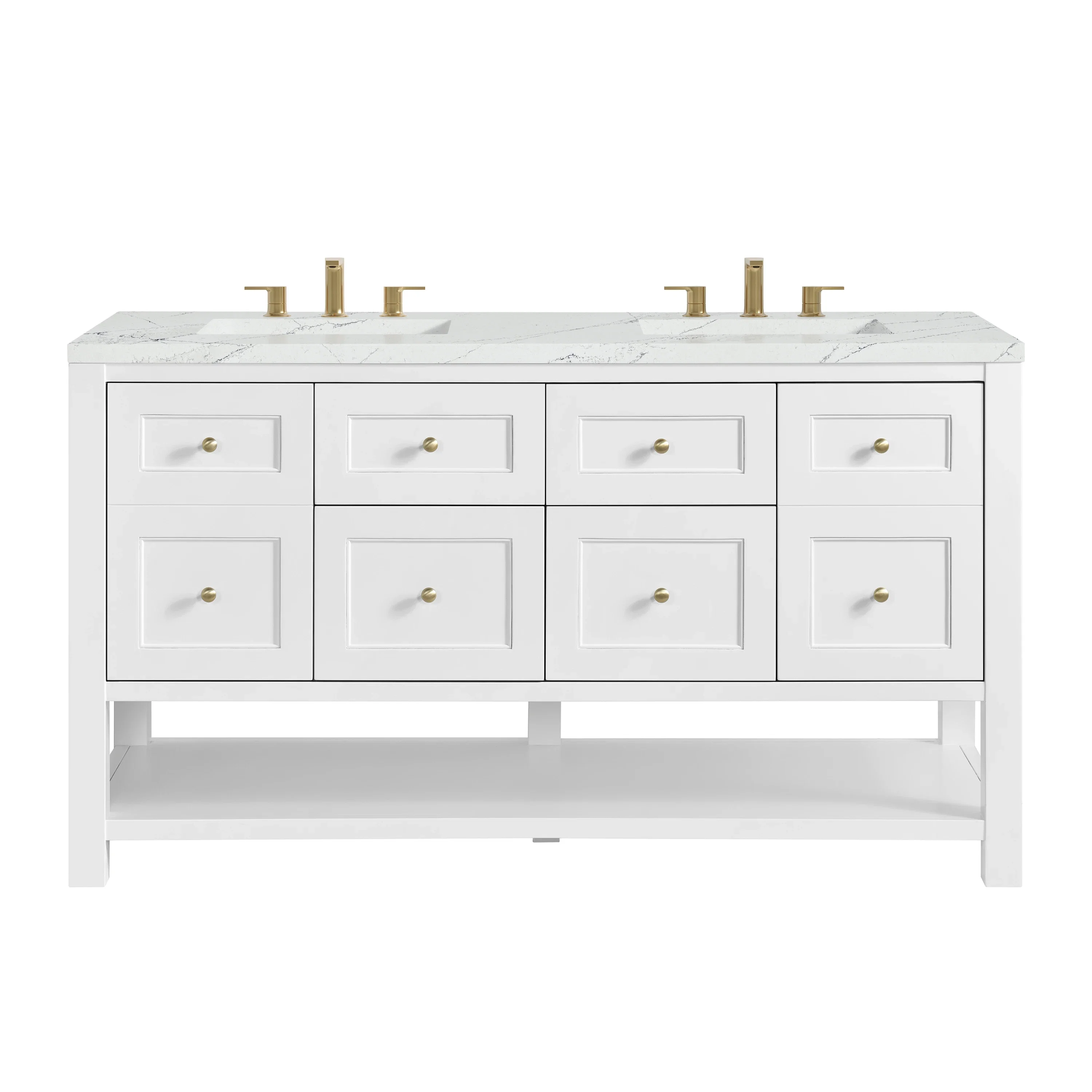Breckenridge 60" Double Vanity, Bright White, w/ 3 CM Ethereal Noctis Quartz Top w/FreePower Wireless Charger