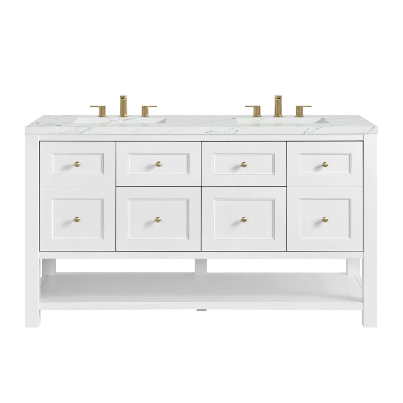 Breckenridge 60" Double Vanity, Bright White, w/ 3 CM Ethereal Noctis Quartz Top w/FreePower Wireless Charger