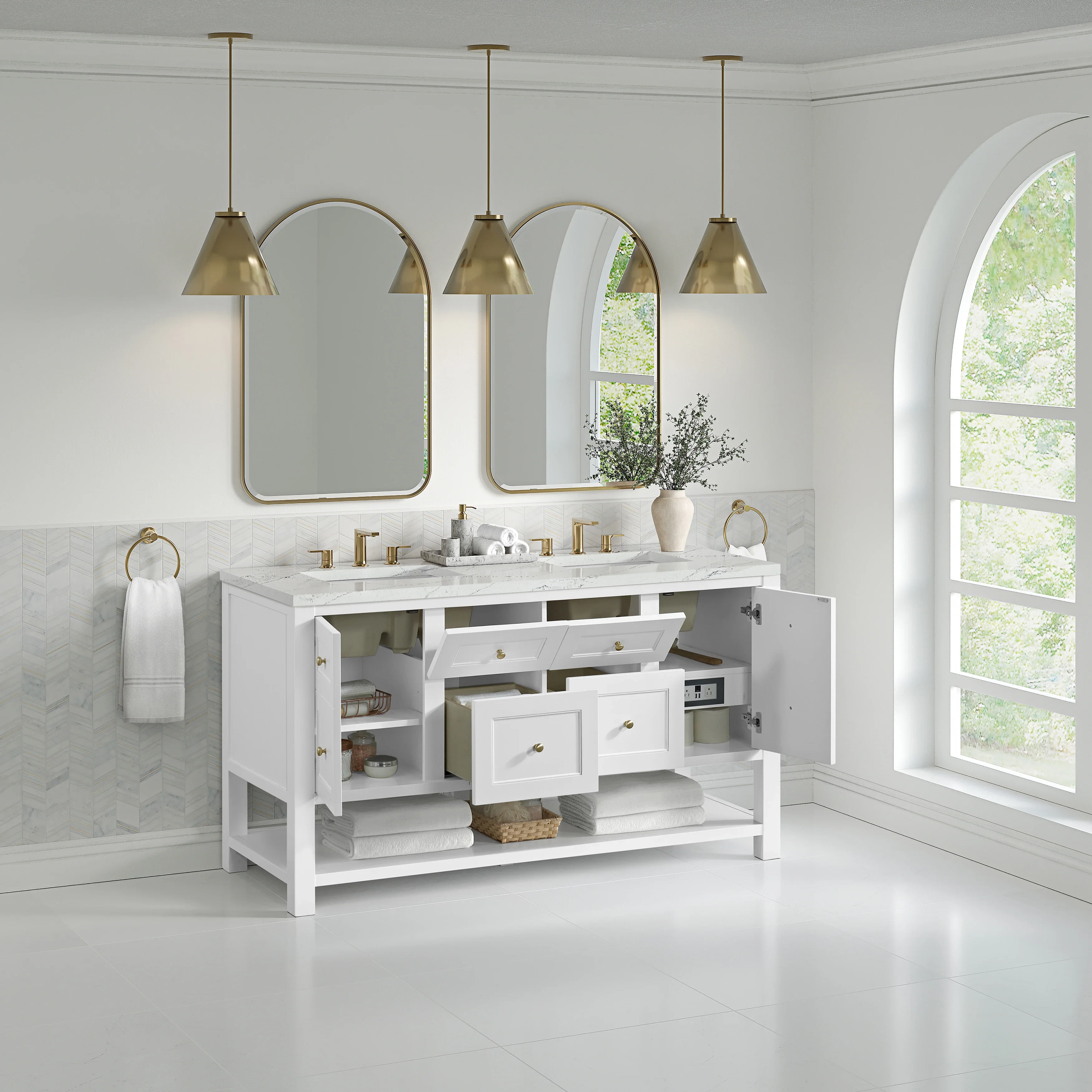 Breckenridge 60" Double Vanity, Bright White, w/ 3 CM Ethereal Noctis Quartz Top w/FreePower Wireless Charger