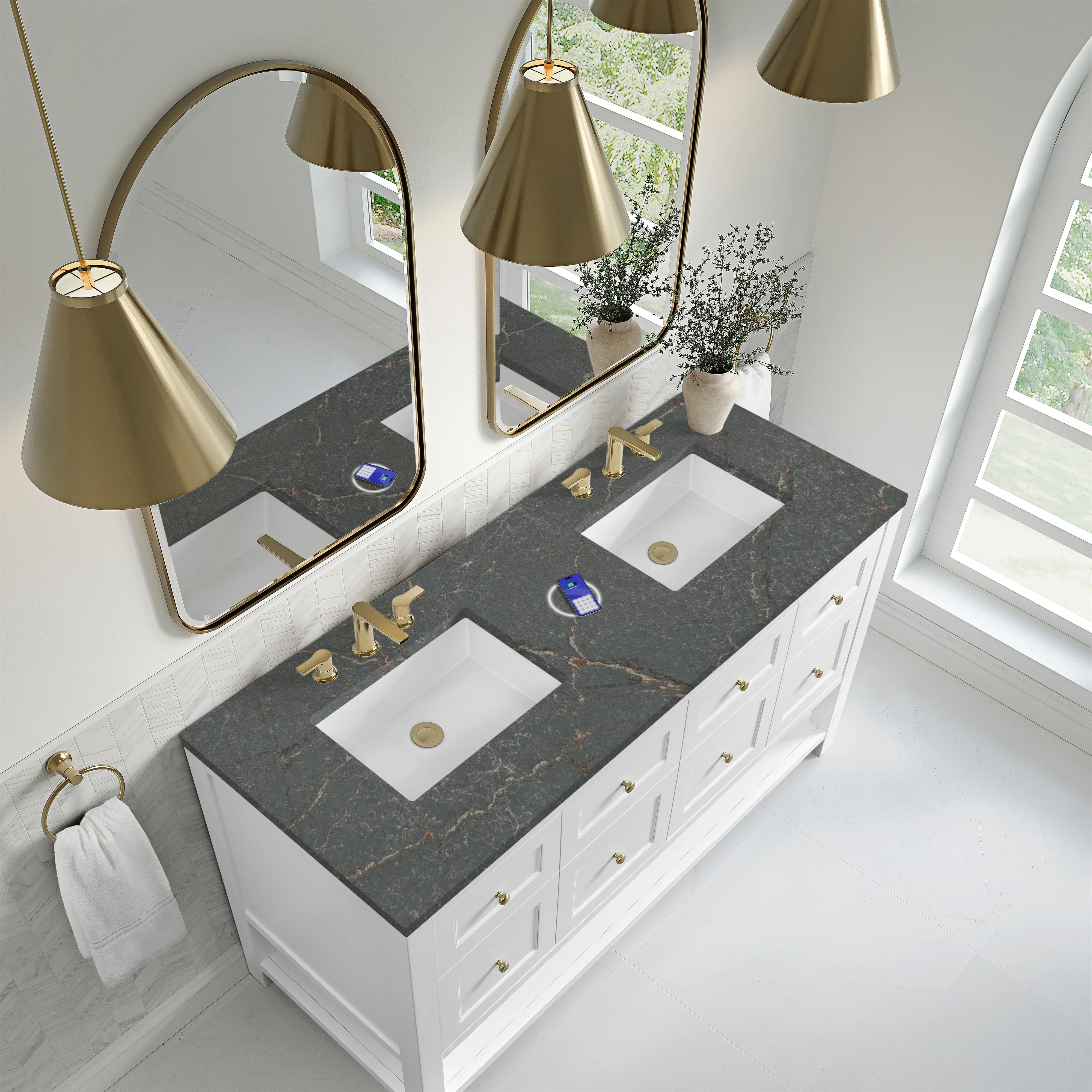 Breckenridge 60" Double Vanity, Bright White, w/ 3 CM Parisien Bleu Quartz Top w/FreePower Wireless Charger