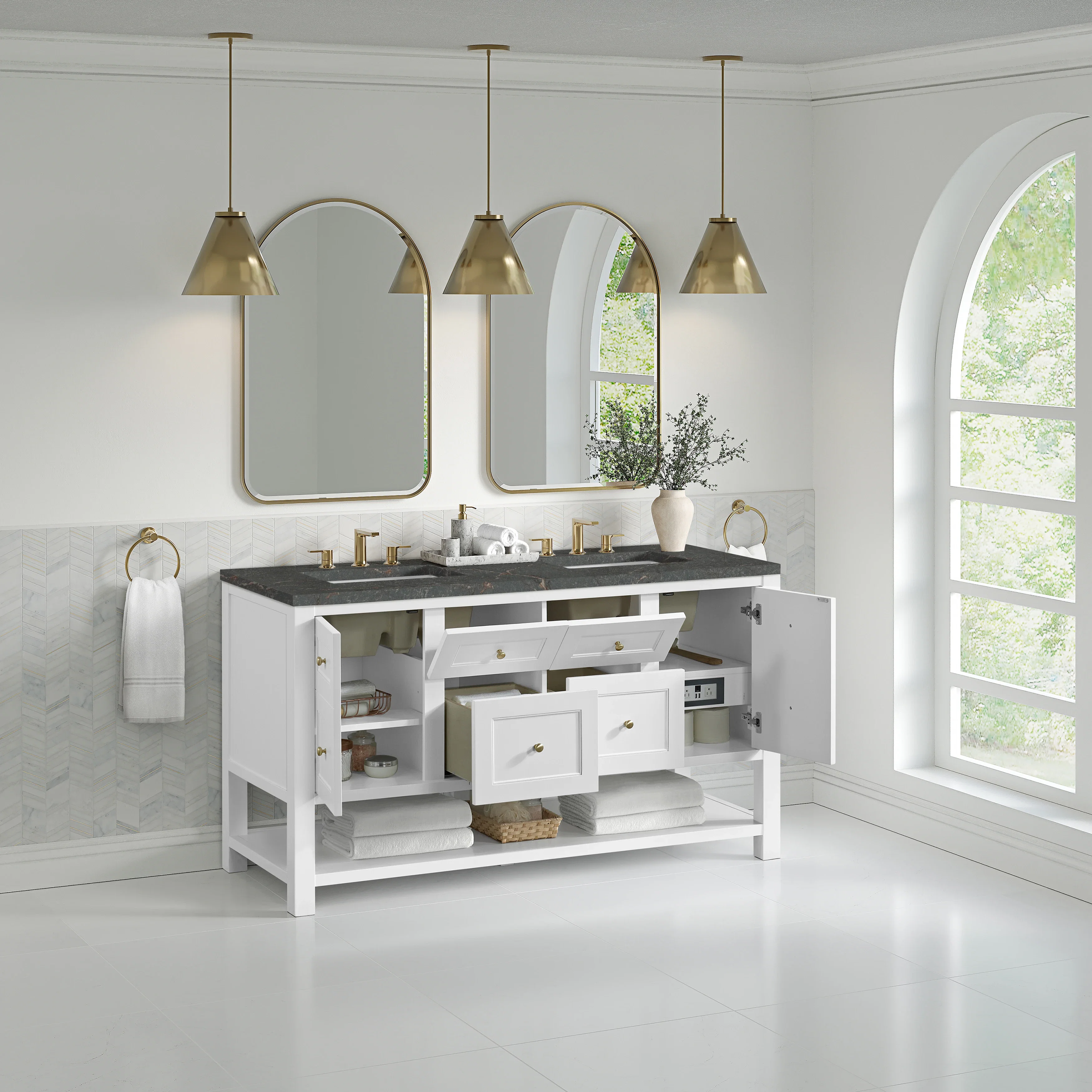 Breckenridge 60" Double Vanity, Bright White, w/ 3 CM Parisien Bleu Quartz Top w/FreePower Wireless Charger