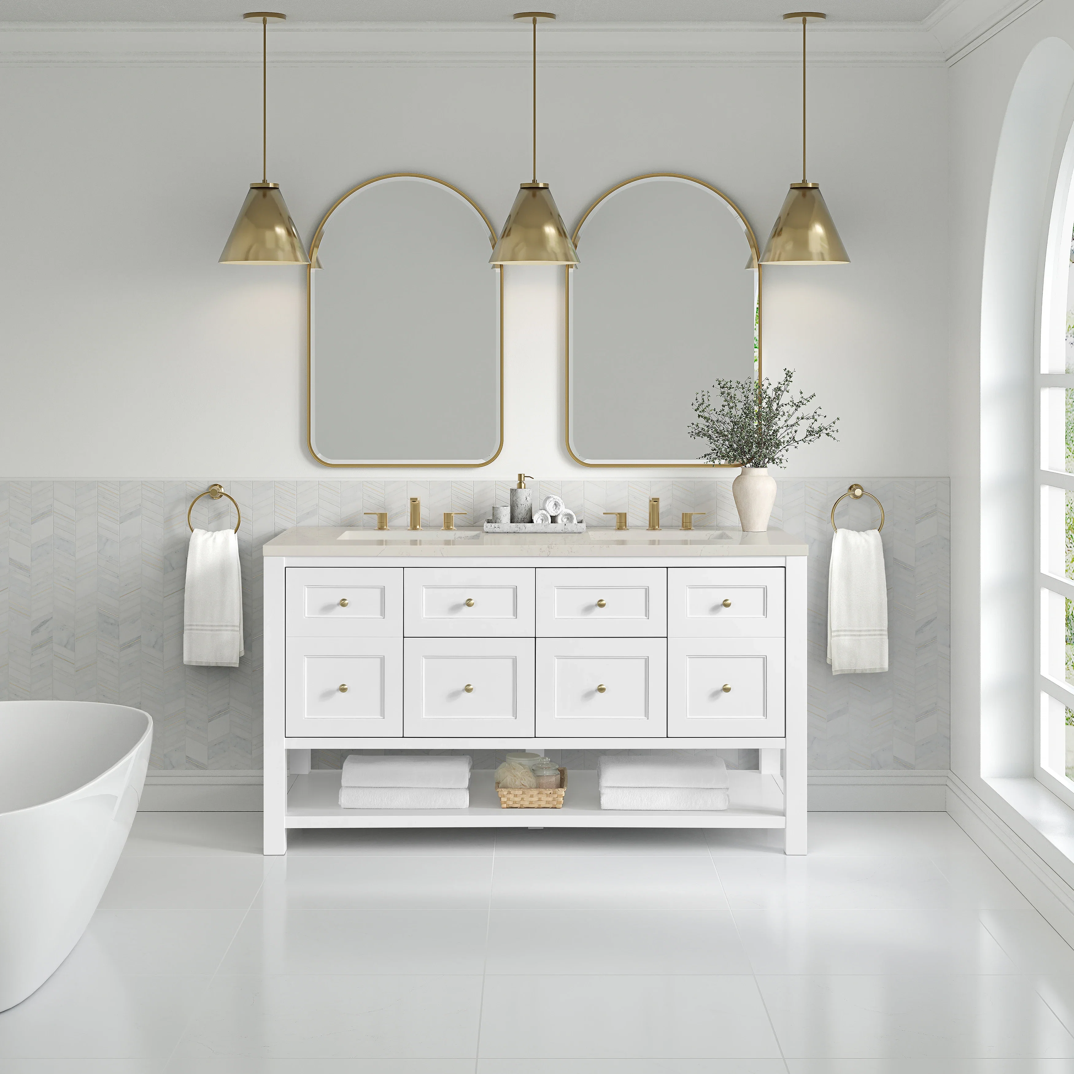 Breckenridge 60" Double Vanity, Bright White, w/ 3 CM Siberian Silestone Top w/FreePower Wireless Charger