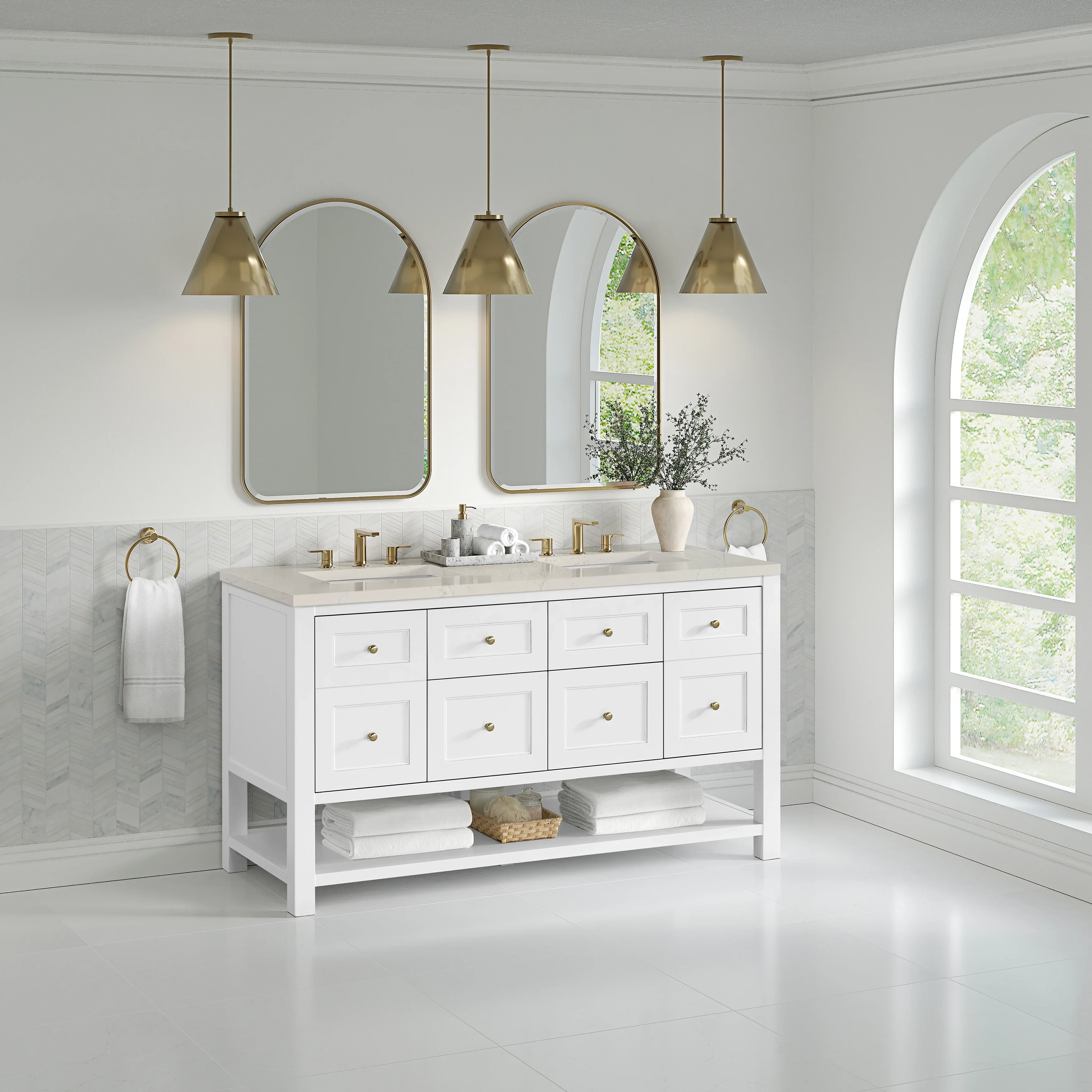 Breckenridge 60" Double Vanity, Bright White, w/ 3 CM Siberian Silestone Top w/FreePower Wireless Charger