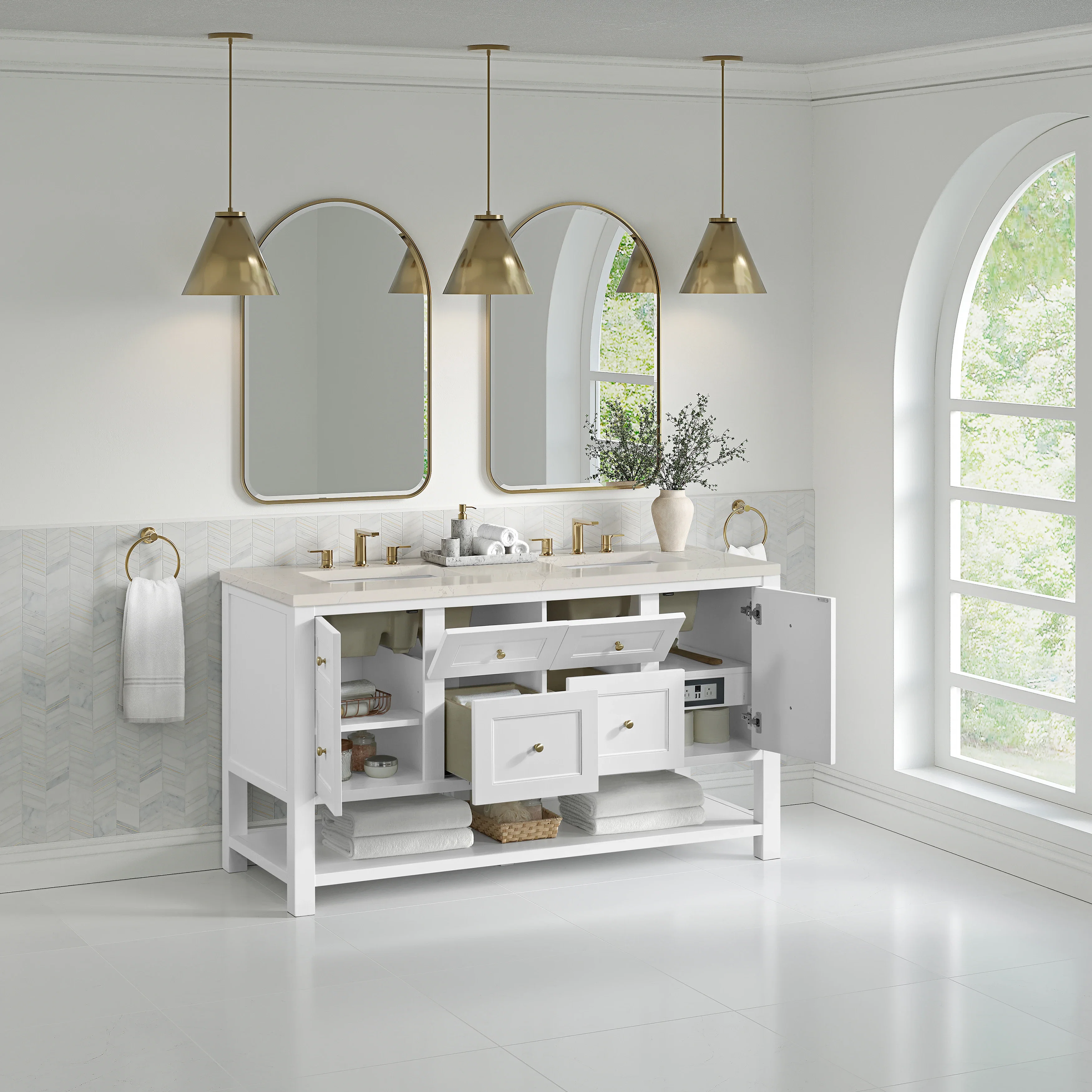 Breckenridge 60" Double Vanity, Bright White, w/ 3 CM Siberian Silestone Top w/FreePower Wireless Charger