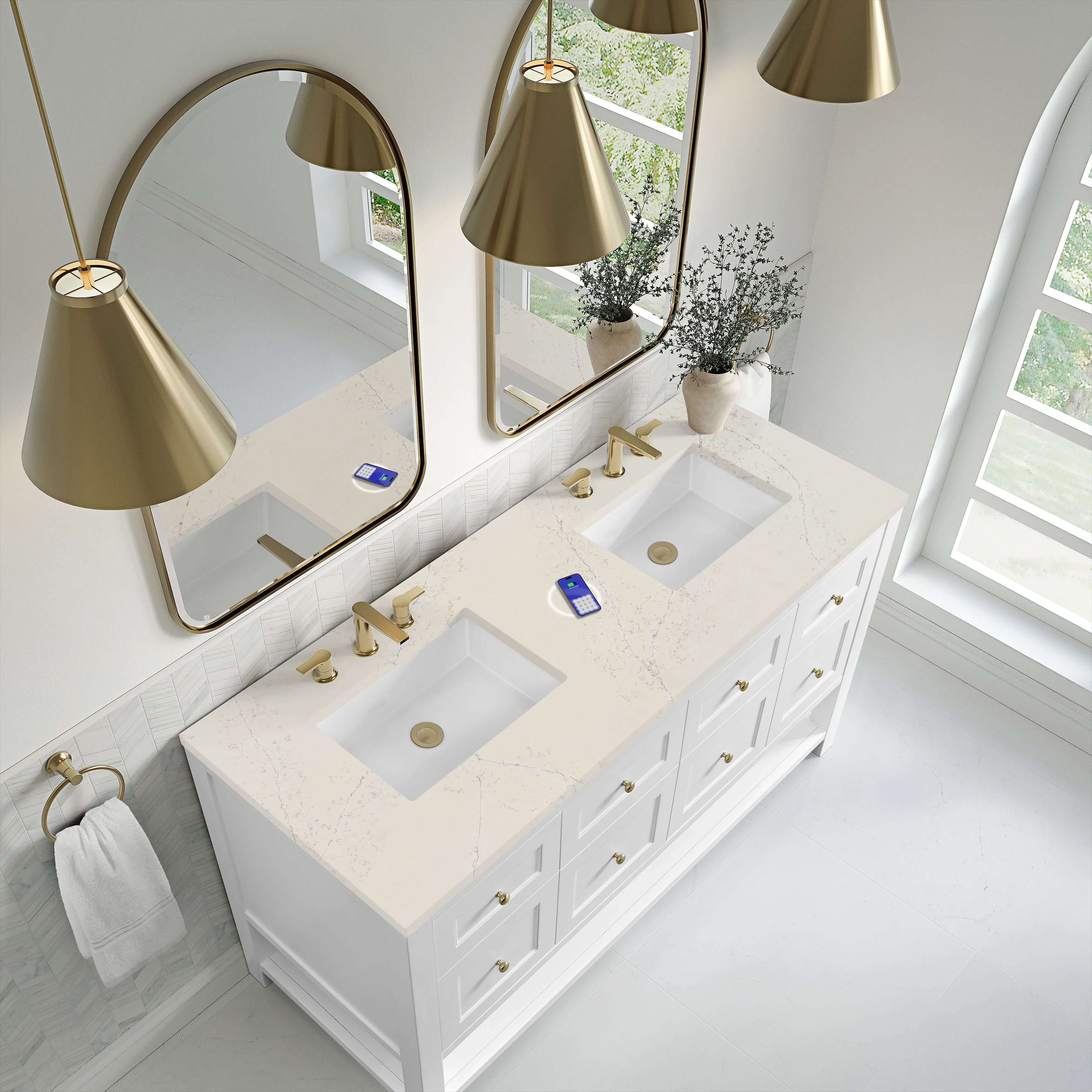 Breckenridge 60" Double Vanity, Bright White, w/ 3 CM Siberian Silestone Top w/FreePower Wireless Charger