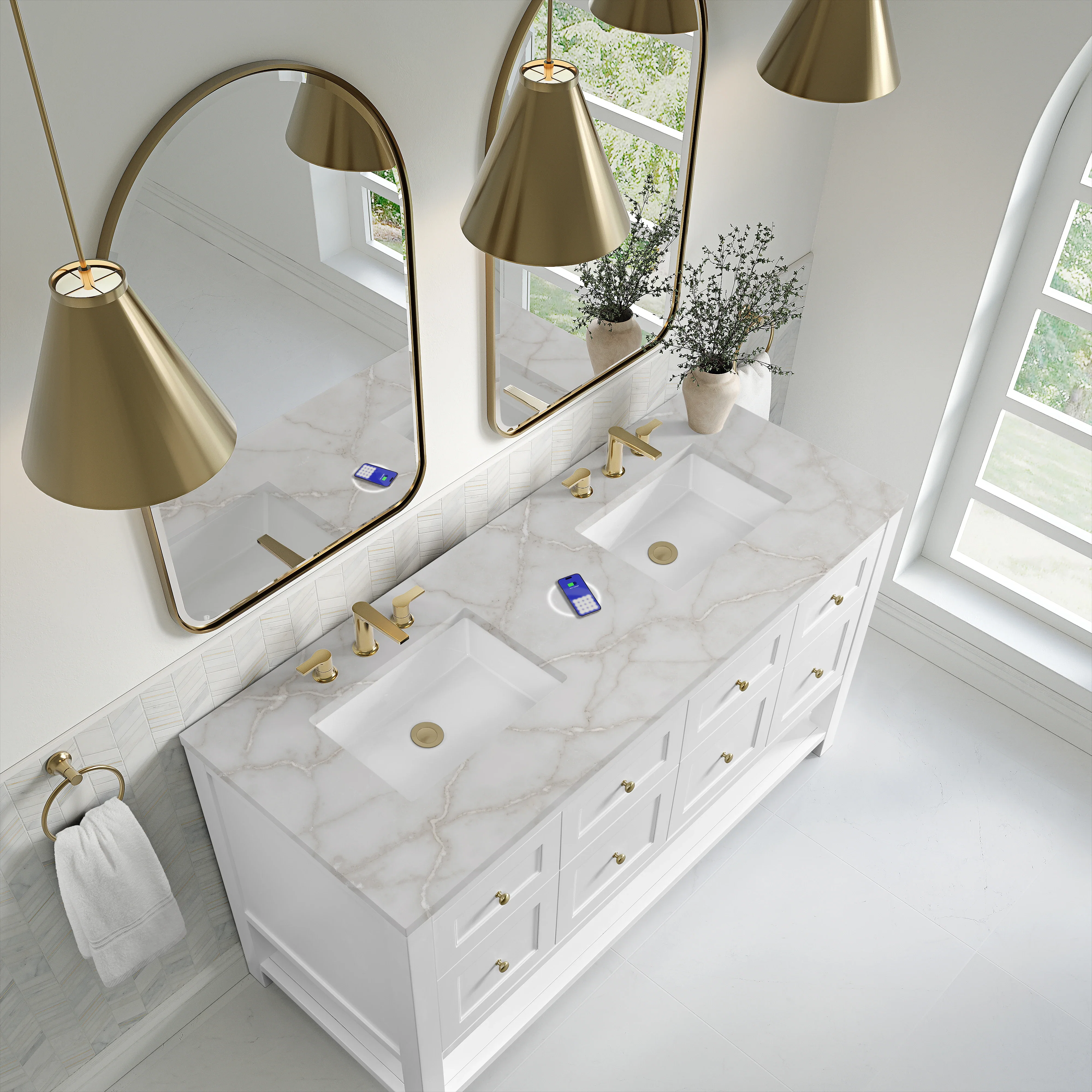 Breckenridge 60" Double Vanity, Bright White, w/ 3 CM Victorian Silver Quartz Top w/FreePower Wireless Charger