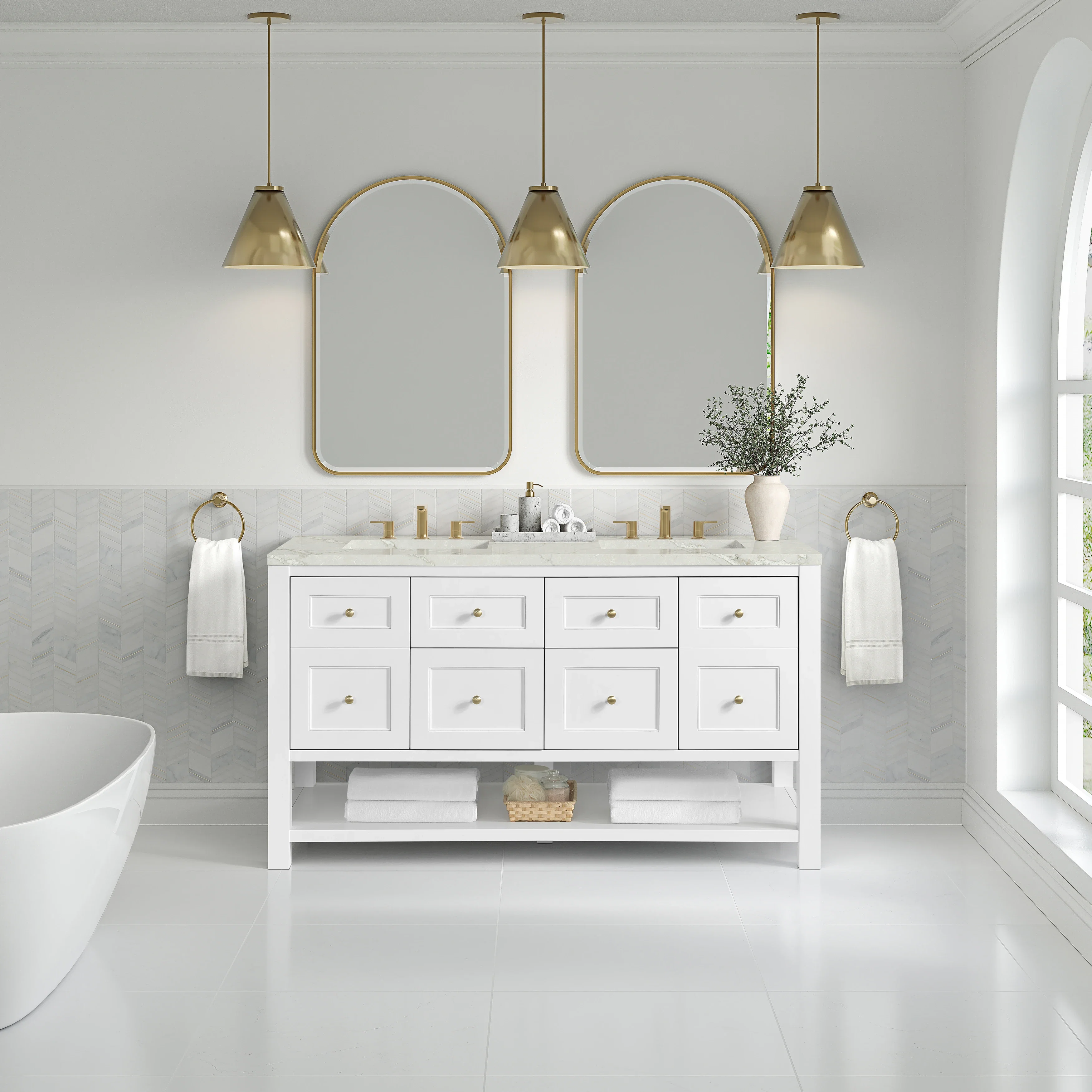 Breckenridge 60" Double Vanity, Bright White, w/ 3 CM Victorian Silver Quartz Top w/FreePower Wireless Charger