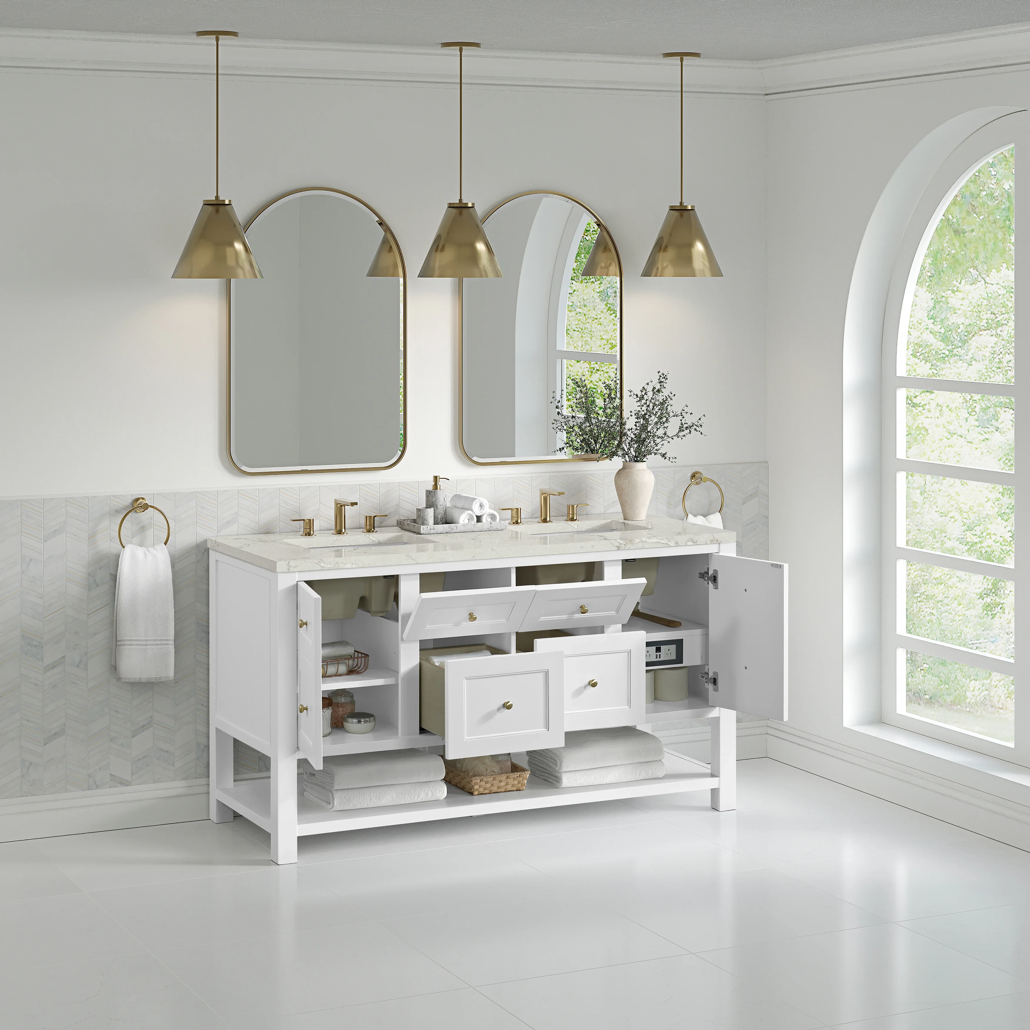 Breckenridge 60" Double Vanity, Bright White, w/ 3 CM Victorian Silver Quartz Top w/FreePower Wireless Charger