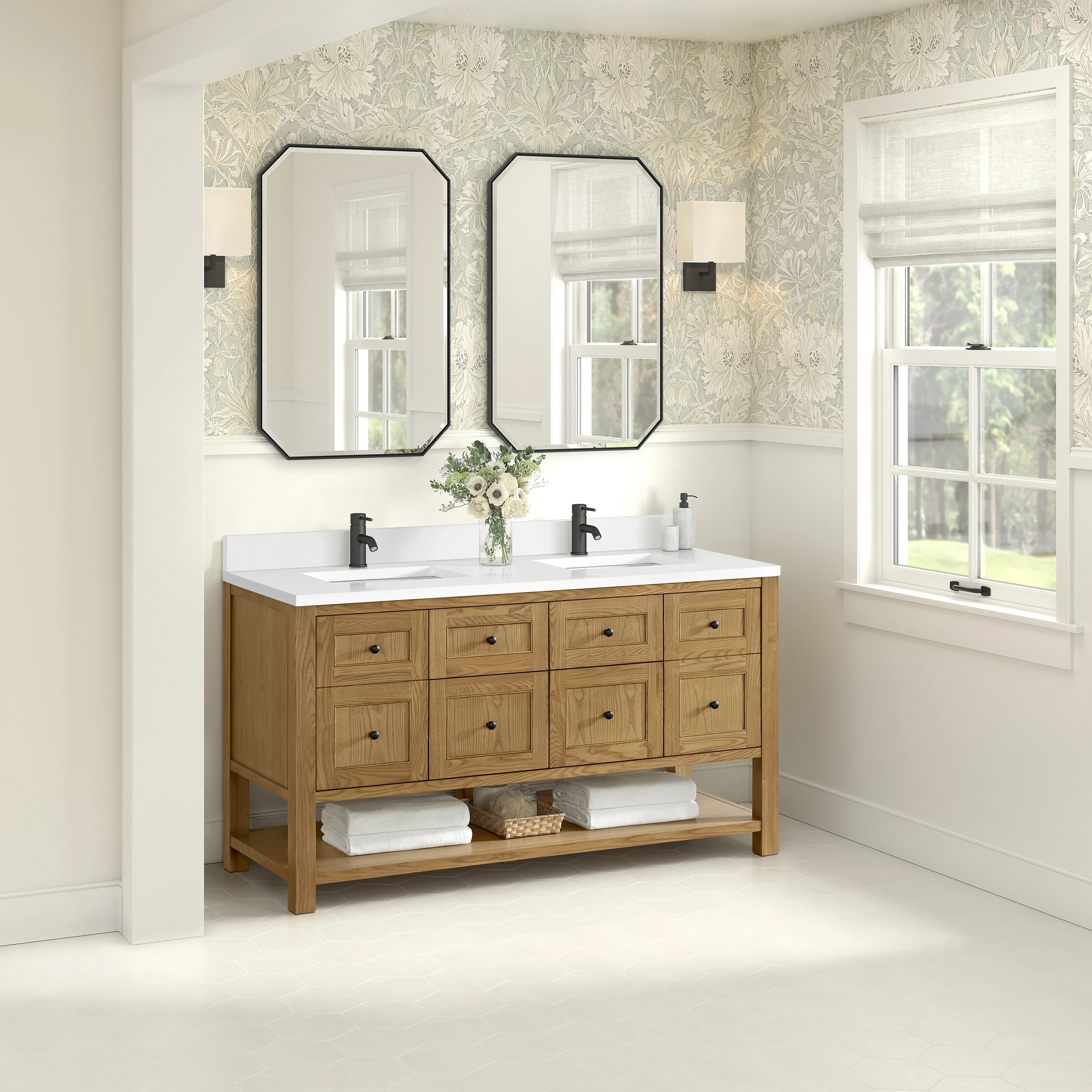 Breckenridge 60" Double Vanity, Light Natural Oak, w/ Single Hole 3 CM White Zeus Quartz Top & Backsplash