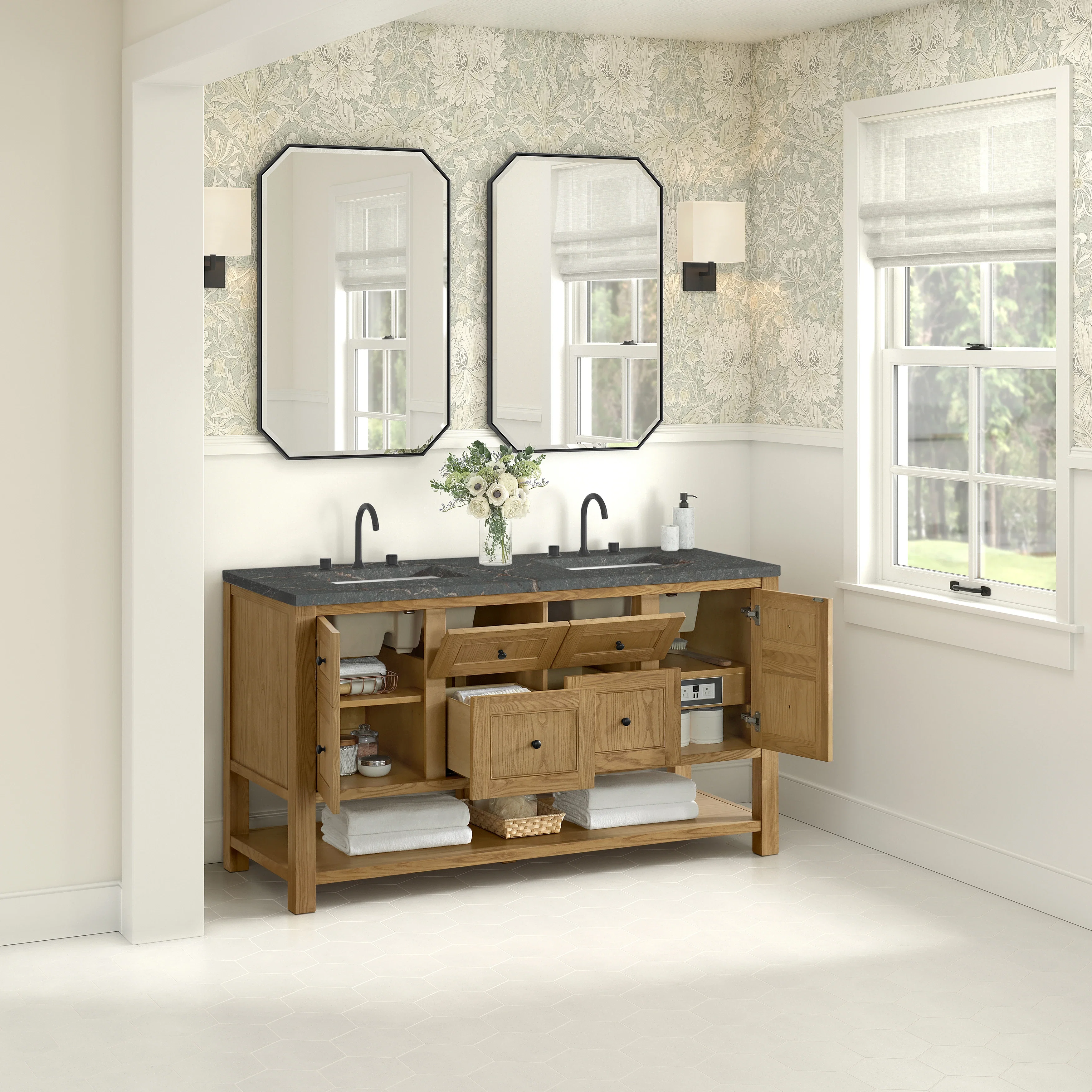 Breckenridge 60" Double Vanity, Light Natural Oak, w/ 3 CM Parisien Bleu Quartz Top