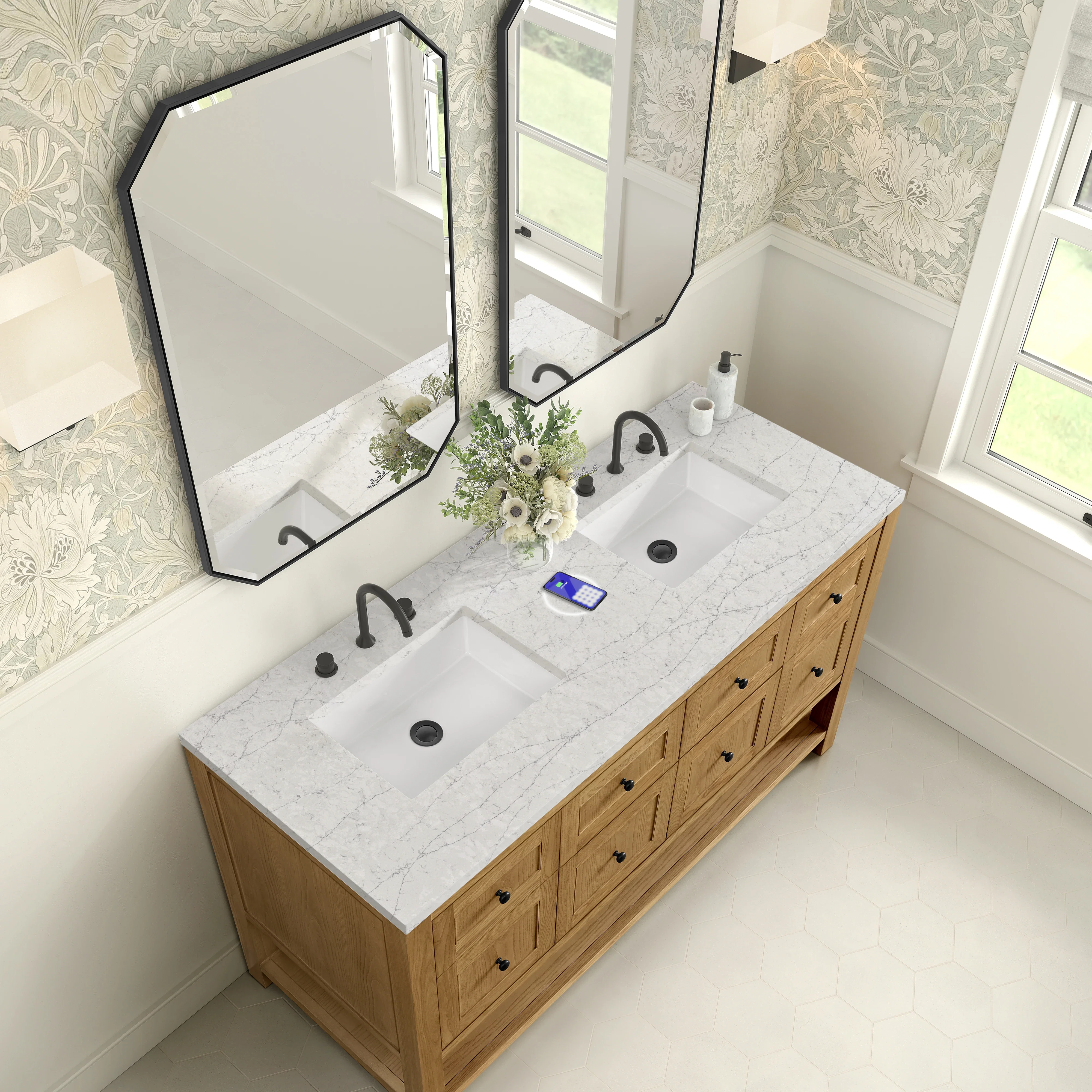 Breckenridge 60" Double Vanity, Light Natural Oak, w/ 3 CM Eternal Jasmine Pearl Quartz Top w/FreePower Wireless Charger