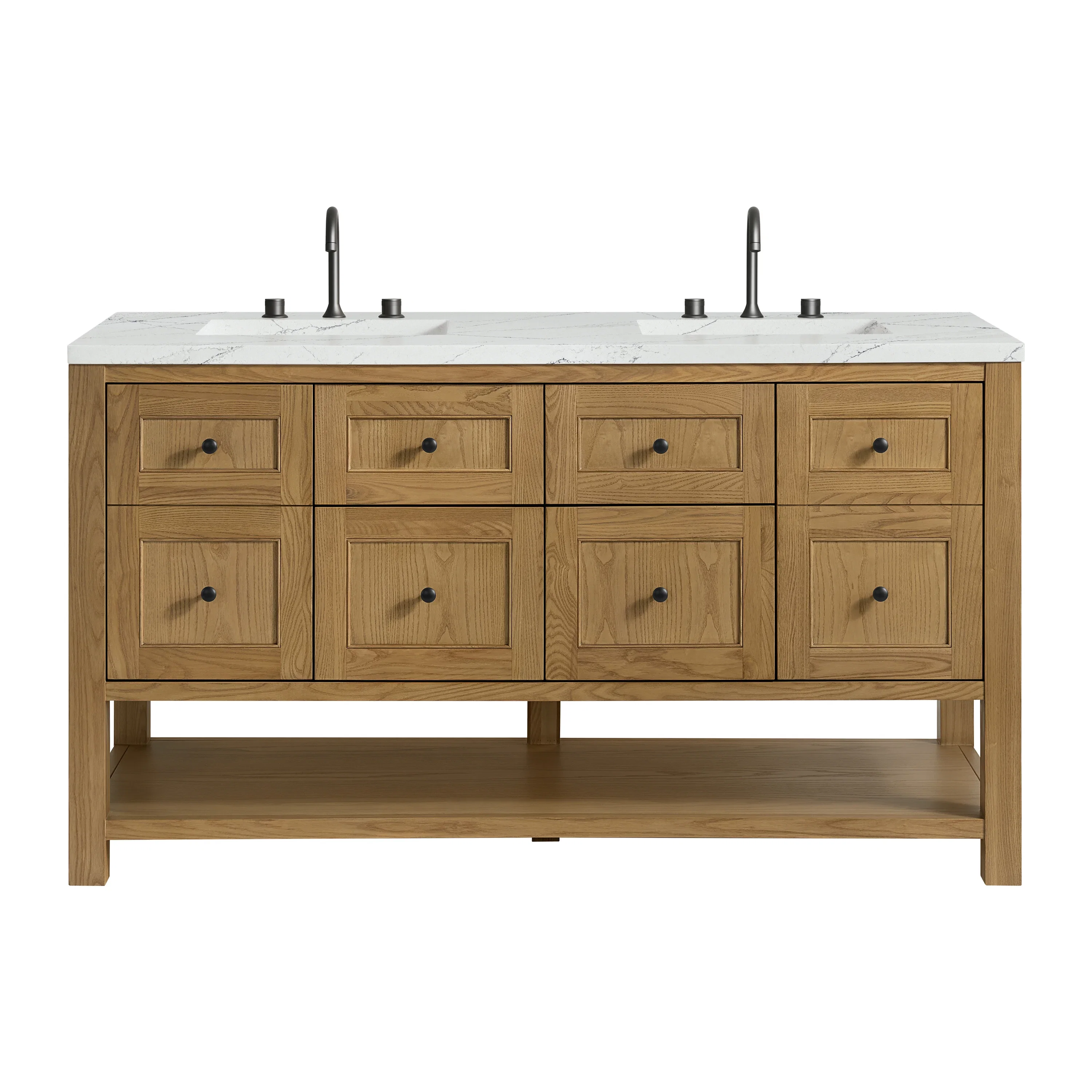Breckenridge 60" Double Vanity, Light Natural Oak, w/ 3 CM Ethereal Noctis Quartz Top w/FreePower Wireless Charger
