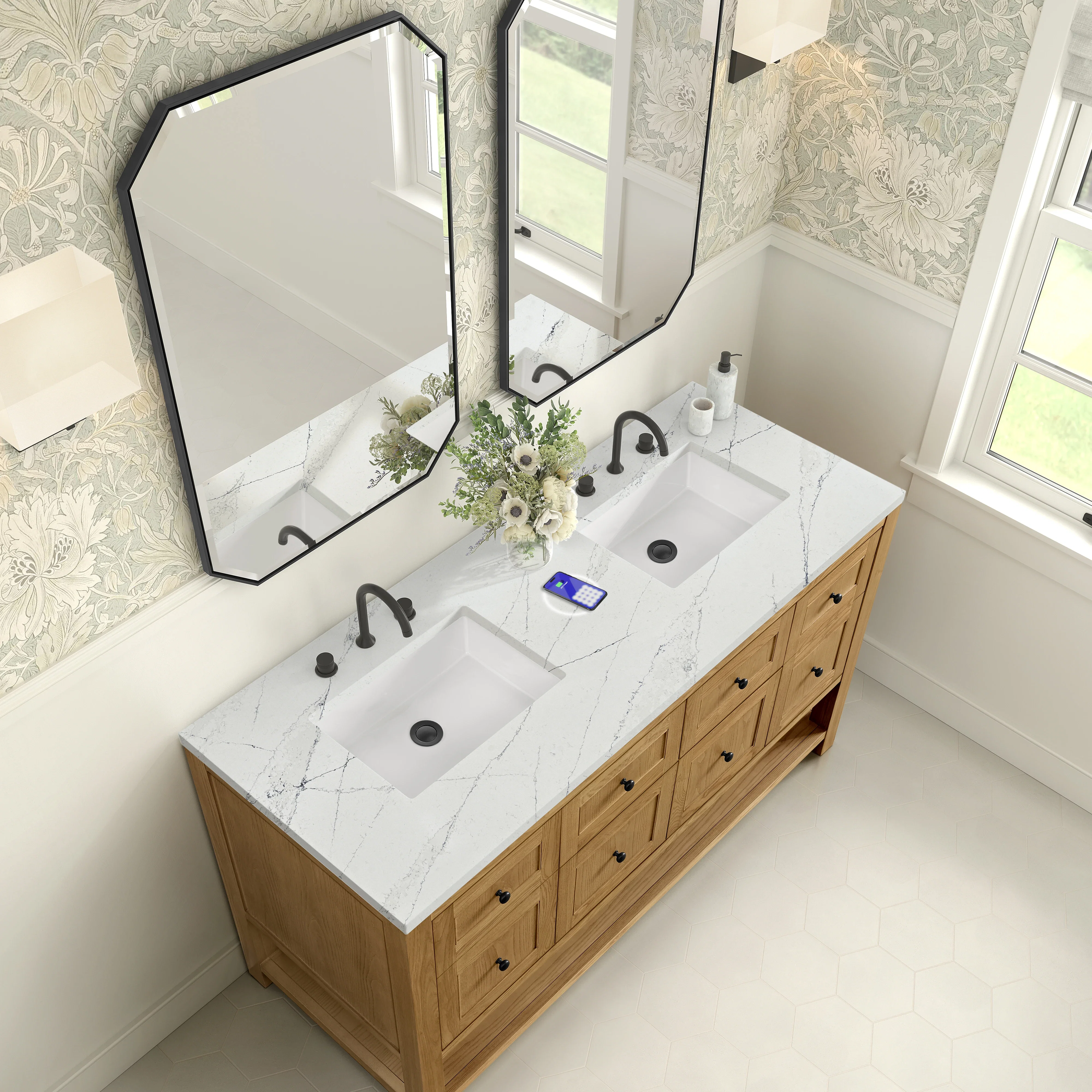 Breckenridge 60" Double Vanity, Light Natural Oak, w/ 3 CM Ethereal Noctis Quartz Top w/FreePower Wireless Charger