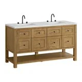 Breckenridge 60" Double Vanity, Light Natural Oak, w/ 3 CM Ethereal Noctis Quartz Top w/FreePower Wireless Charger