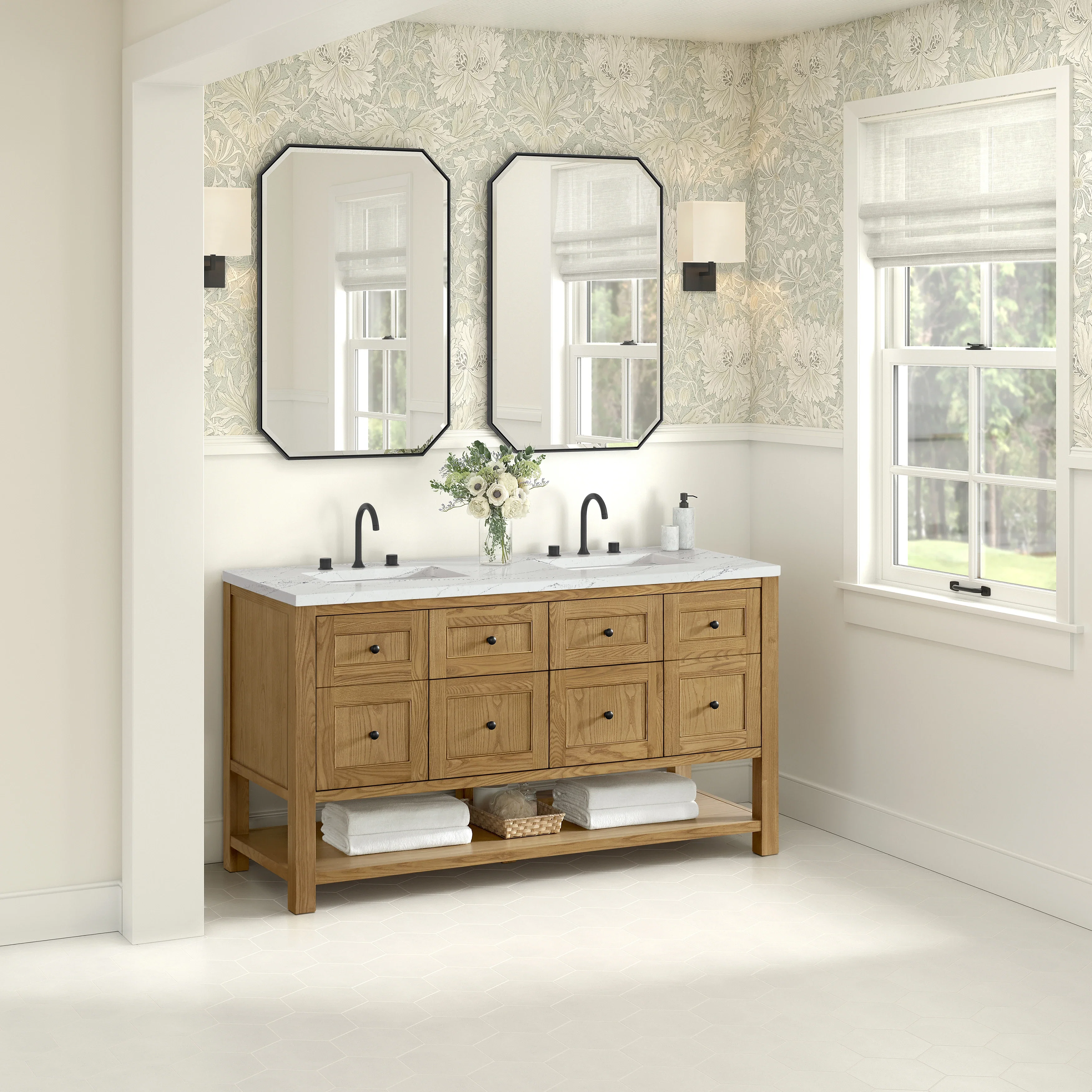 Breckenridge 60" Double Vanity, Light Natural Oak, w/ 3 CM Ethereal Noctis Quartz Top w/FreePower Wireless Charger