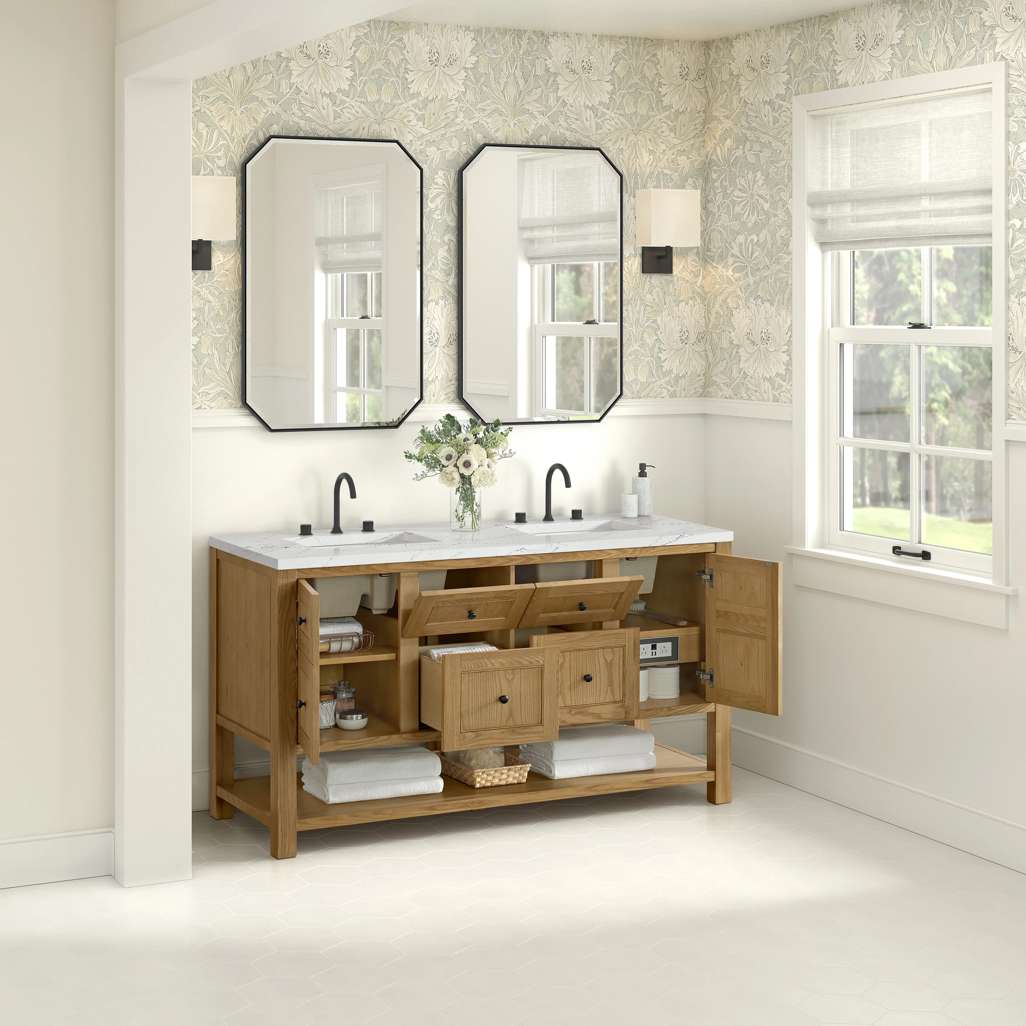 Breckenridge 60" Double Vanity, Light Natural Oak, w/ 3 CM Ethereal Noctis Quartz Top w/FreePower Wireless Charger