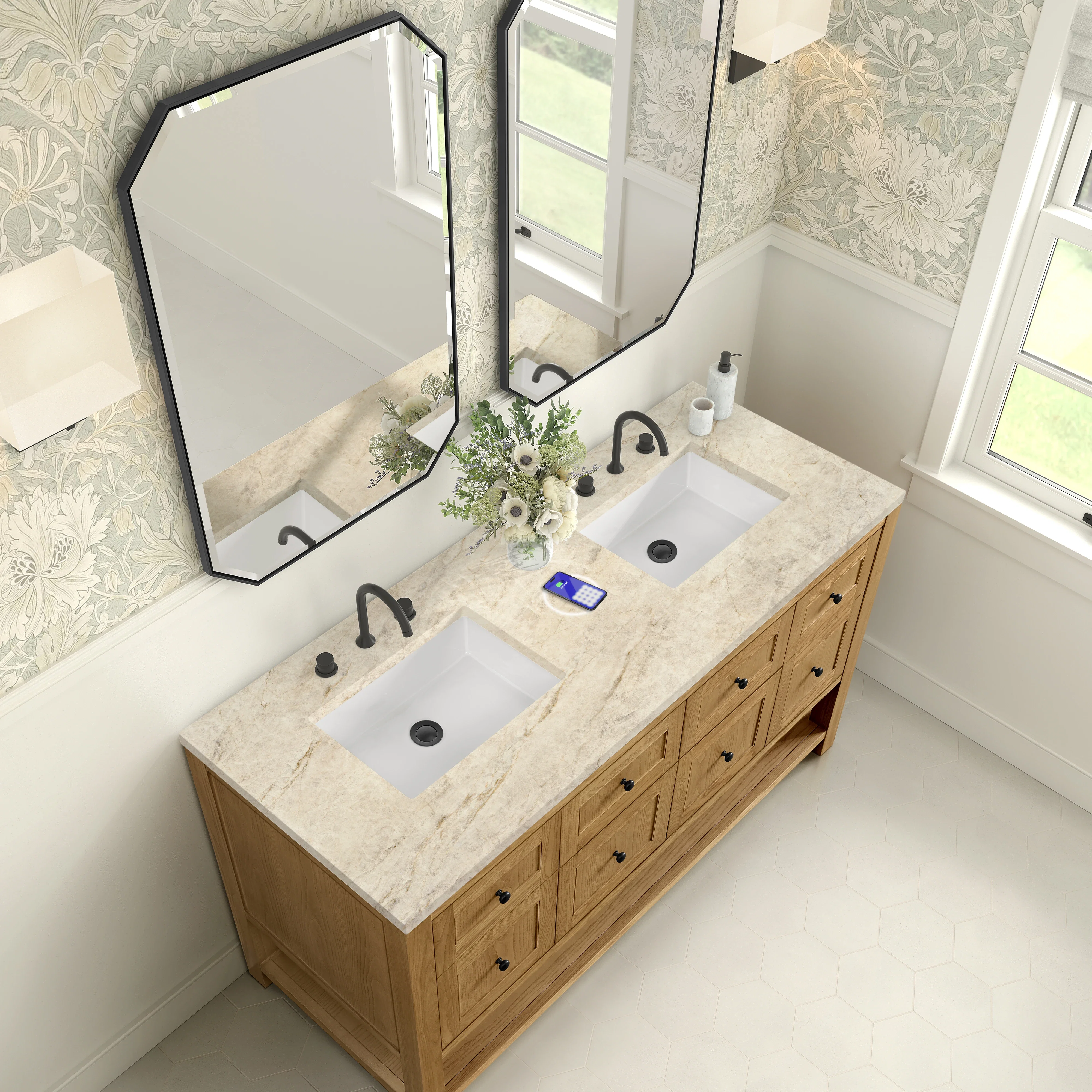 Breckenridge 60" Double Vanity, Light Natural Oak, w/ 3 CM Tajnar Eclos Top w/FreePower Wireless Charger