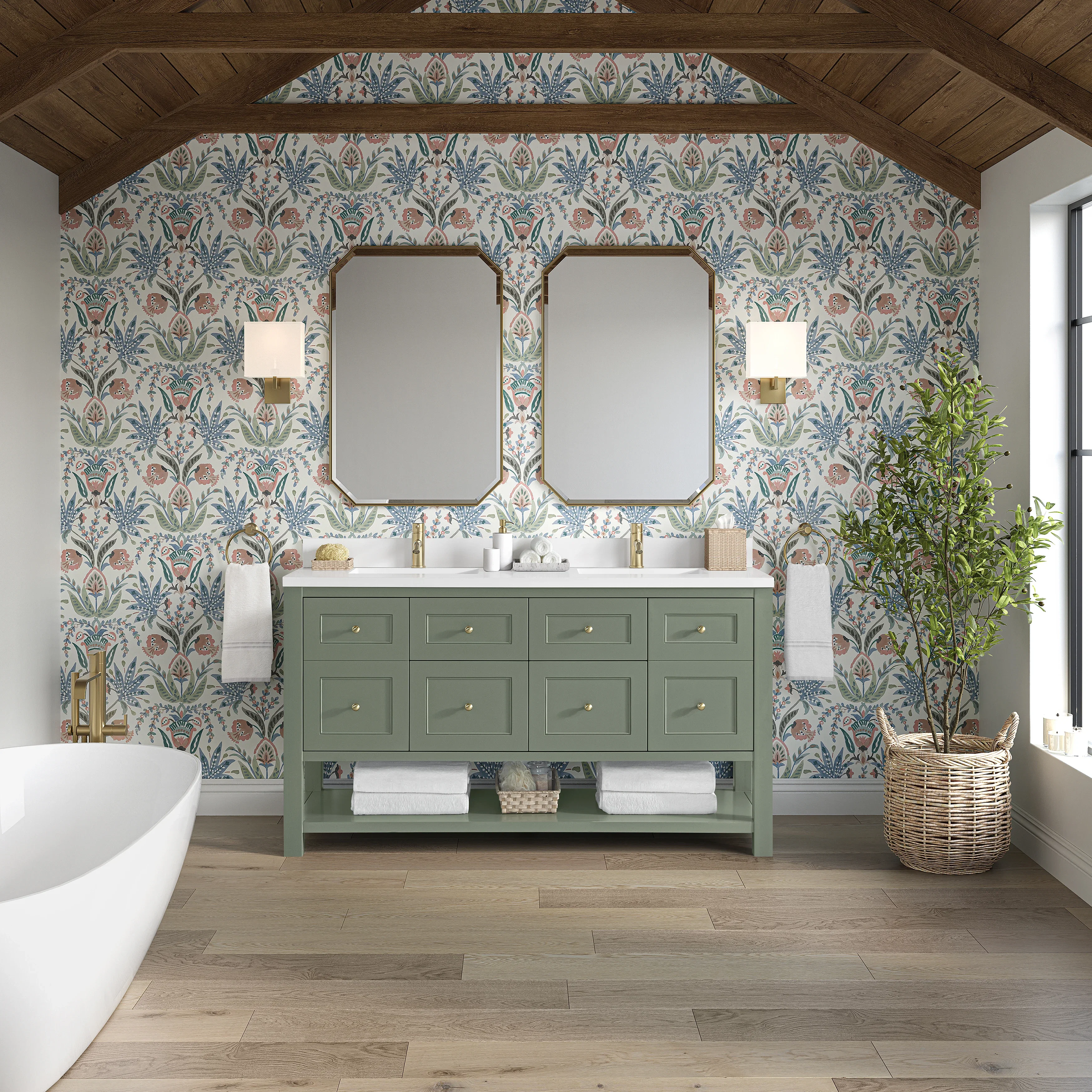 Breckenridge 60" Double Vanity, Smokey Celadon, w/ Single Hole 3 CM White Zeus Quartz Top & Backsplash