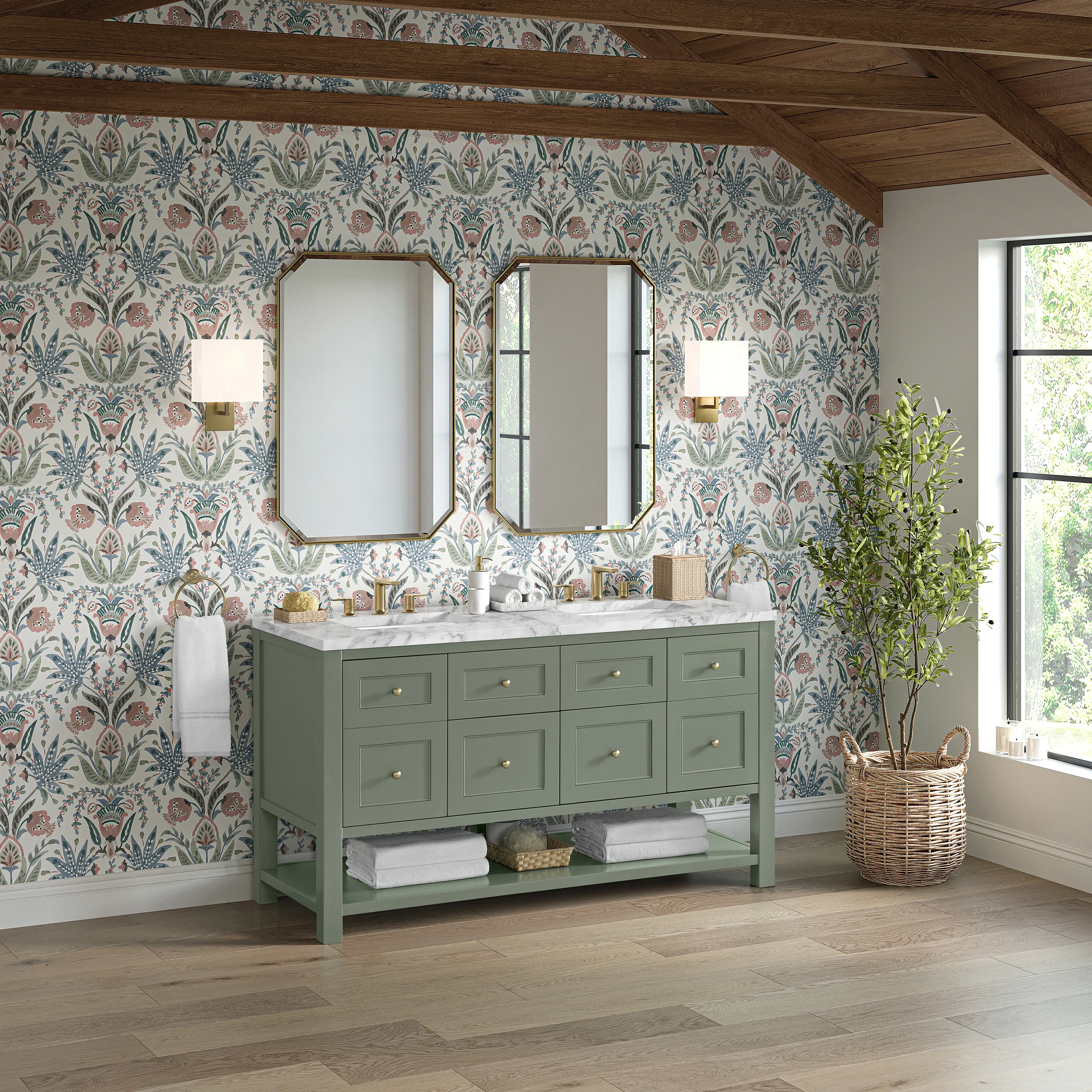 Breckenridge 60" Double Vanity, Smokey Celadon, w/ 3 CM Carrara Marble Top