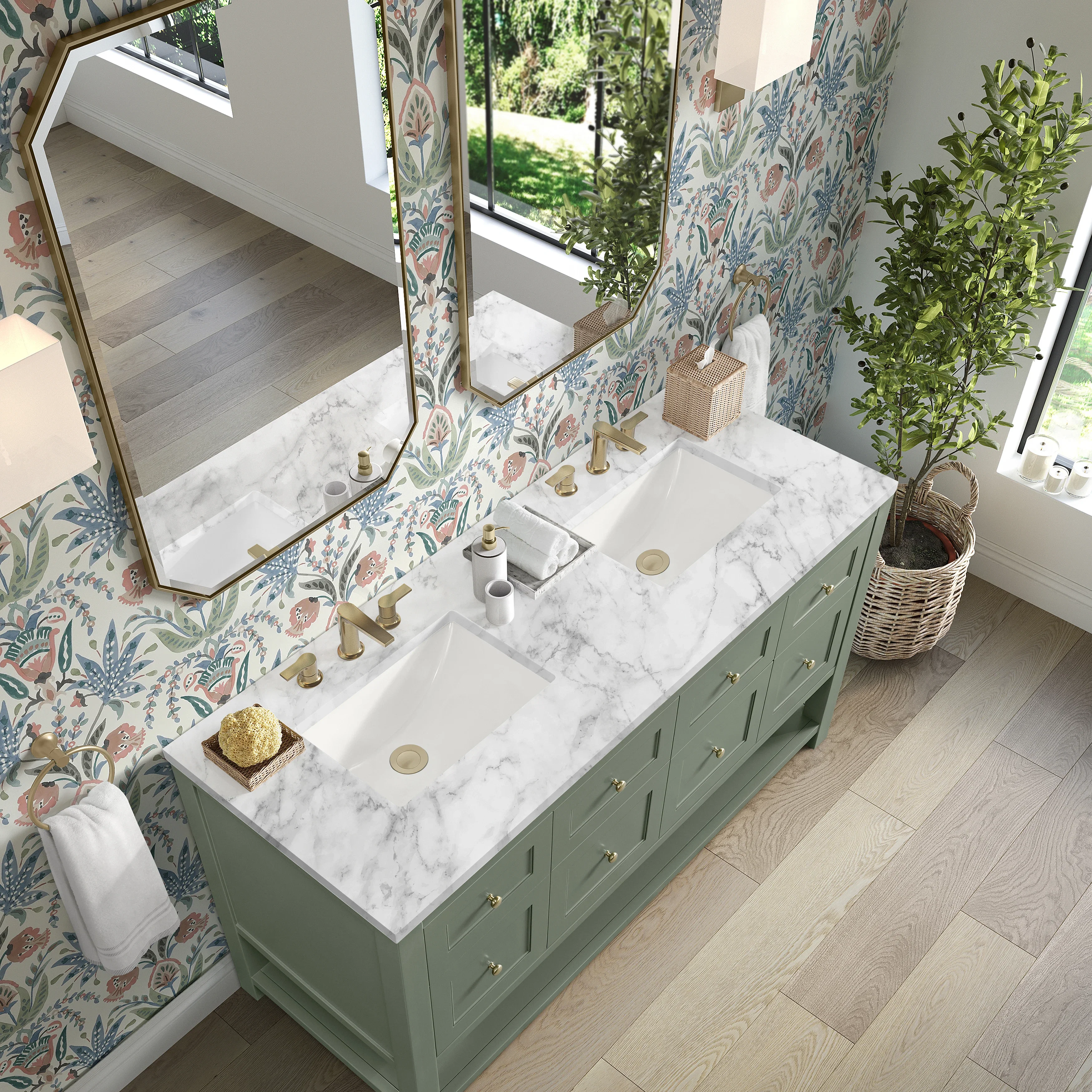 Breckenridge 60" Double Vanity, Smokey Celadon, w/ 3 CM Carrara Marble Top
