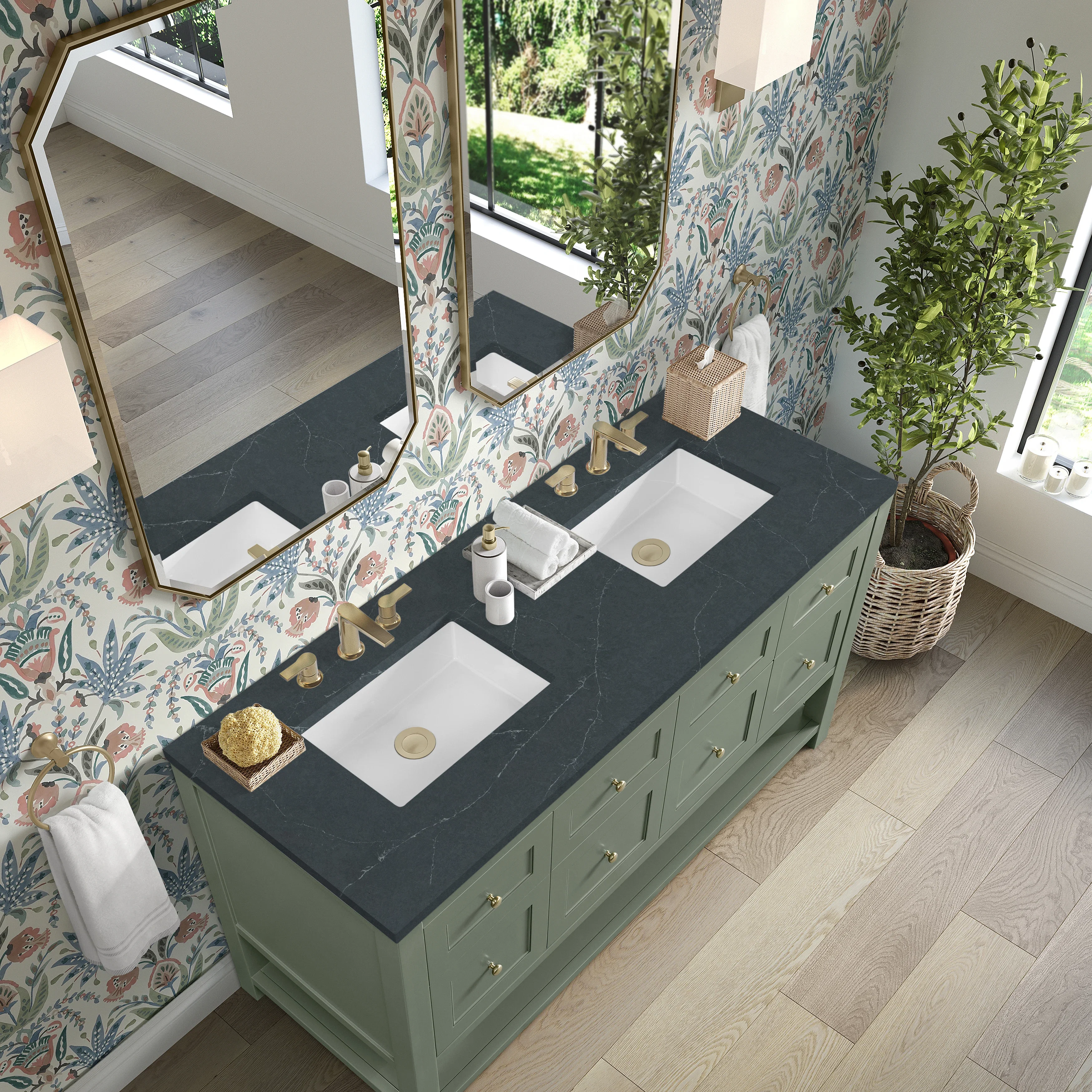 Breckenridge 60" Double Vanity, Smokey Celadon, w/ 3 CM Charcoal Soapstone Quartz Top