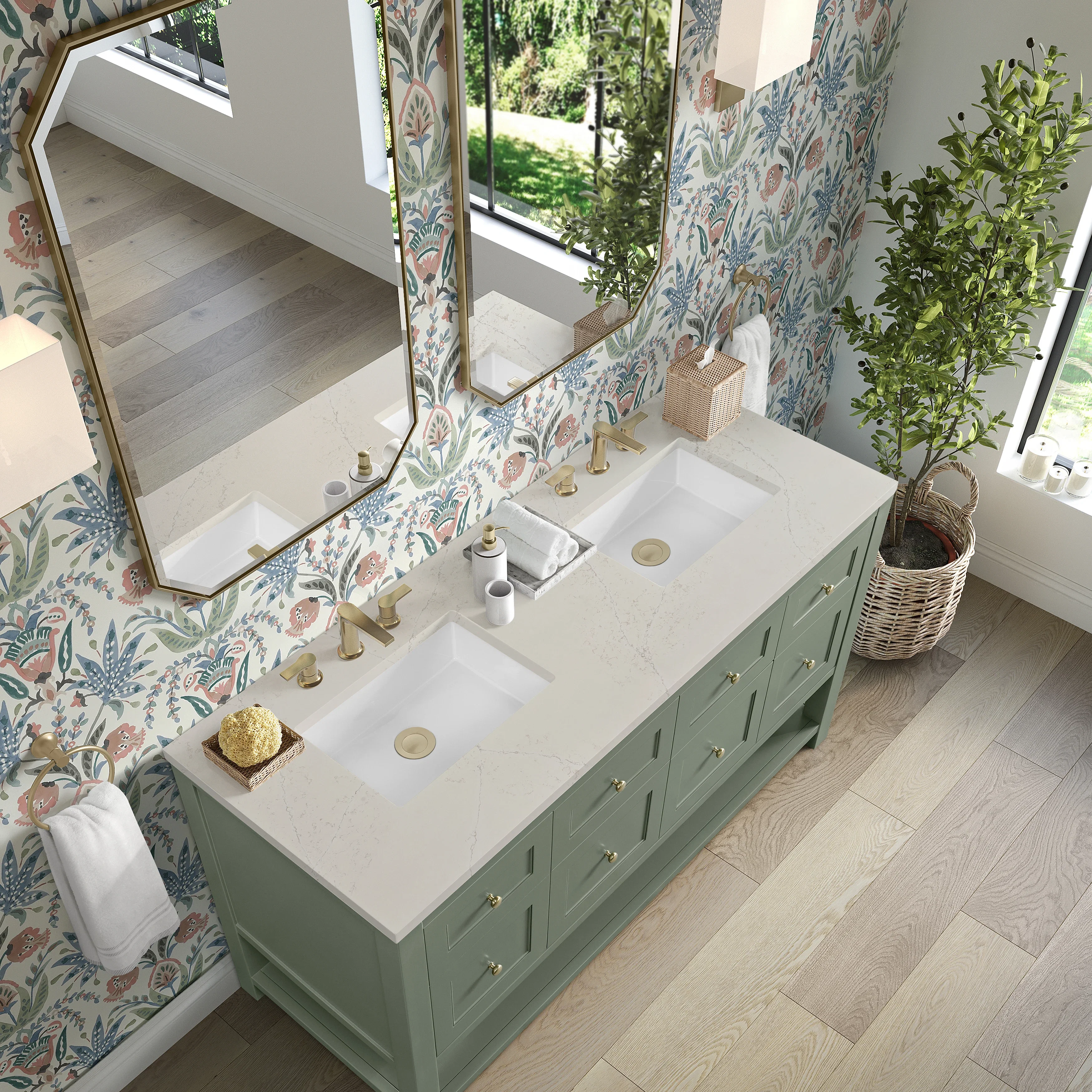 Breckenridge 60" Double Vanity, Smokey Celadon, w/ 3 CM Siberian Silestone Top