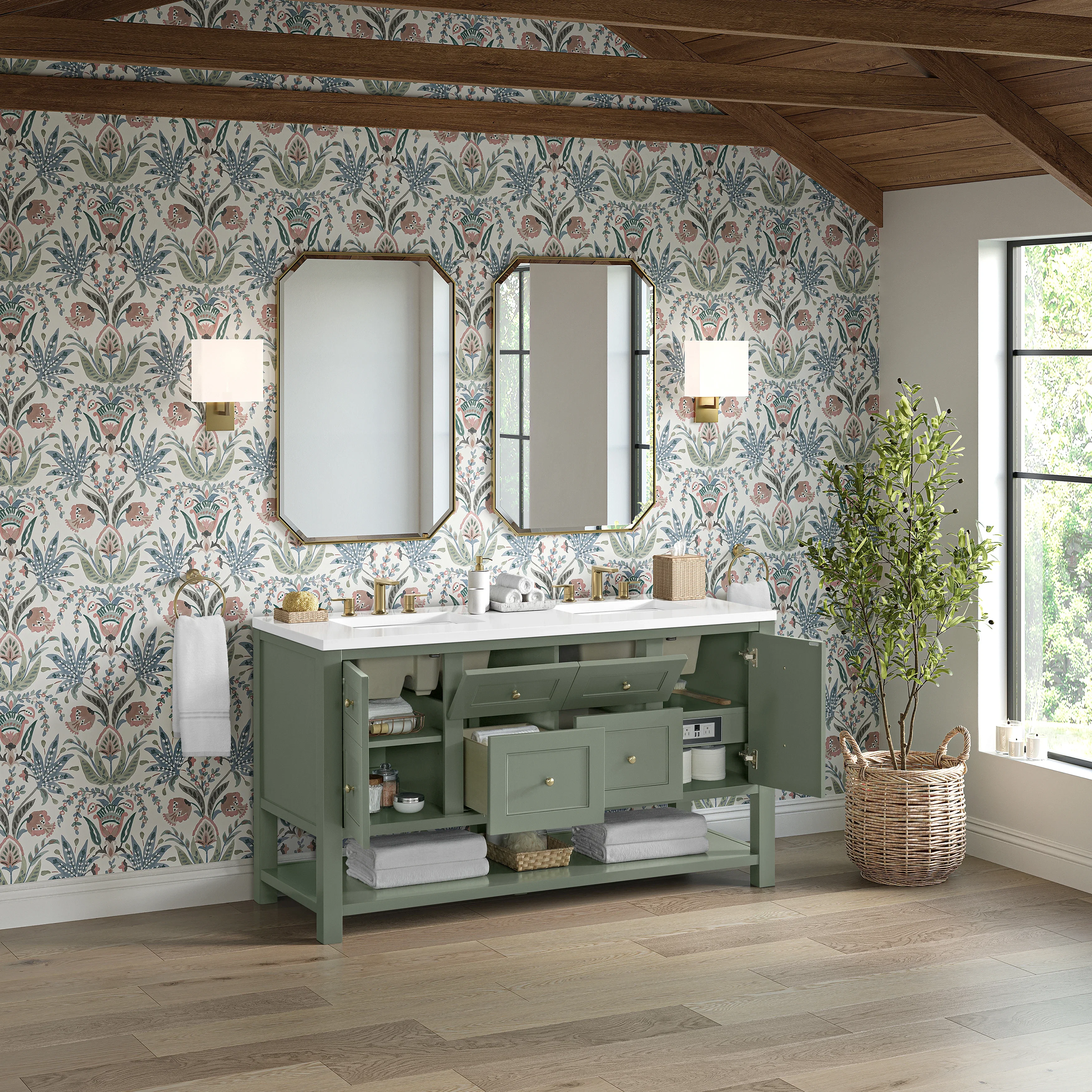 Breckenridge 60" Double Vanity, Smokey Celadon, w/ 3 CM White Zeus Quartz Top