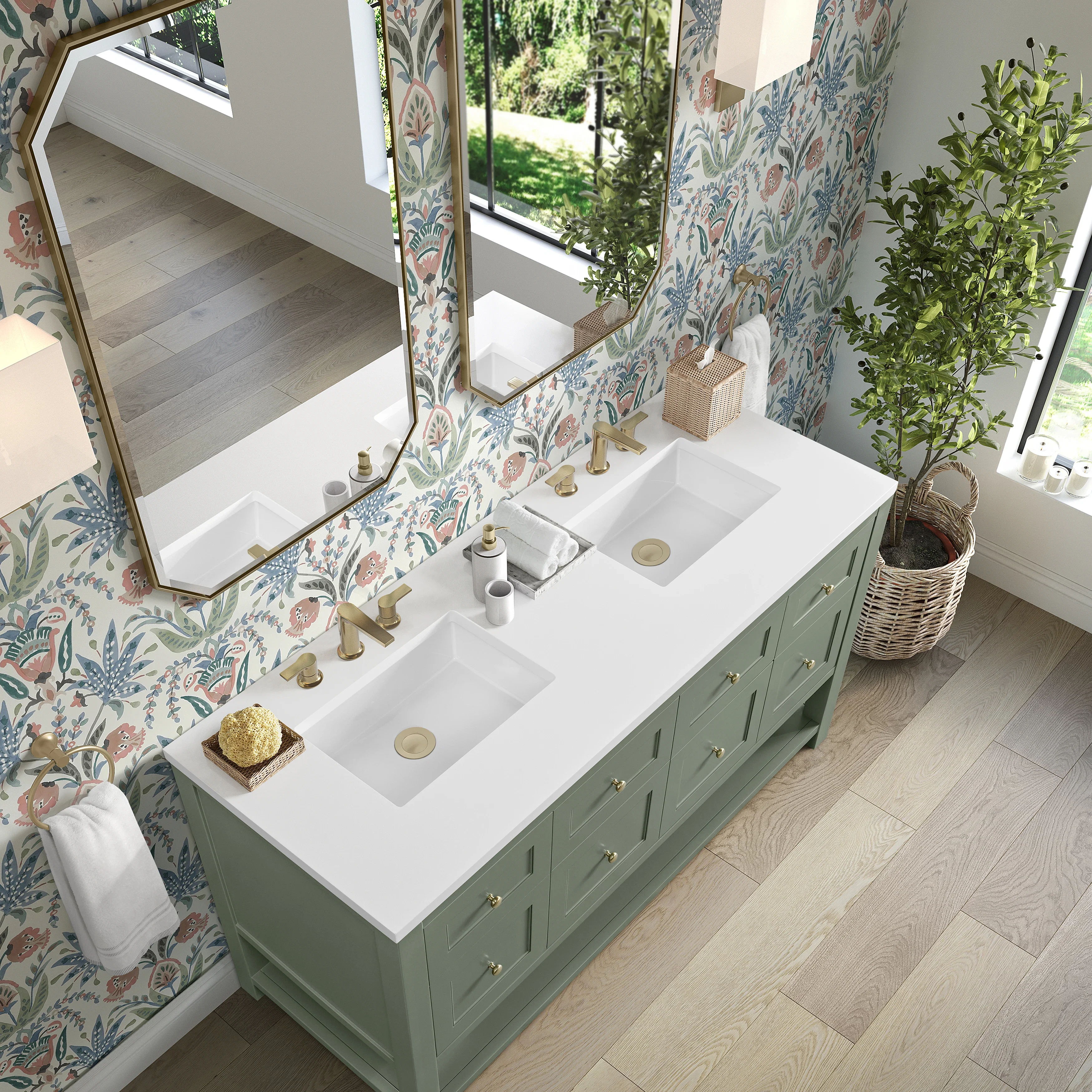 Breckenridge 60" Double Vanity, Smokey Celadon, w/ 3 CM White Zeus Quartz Top