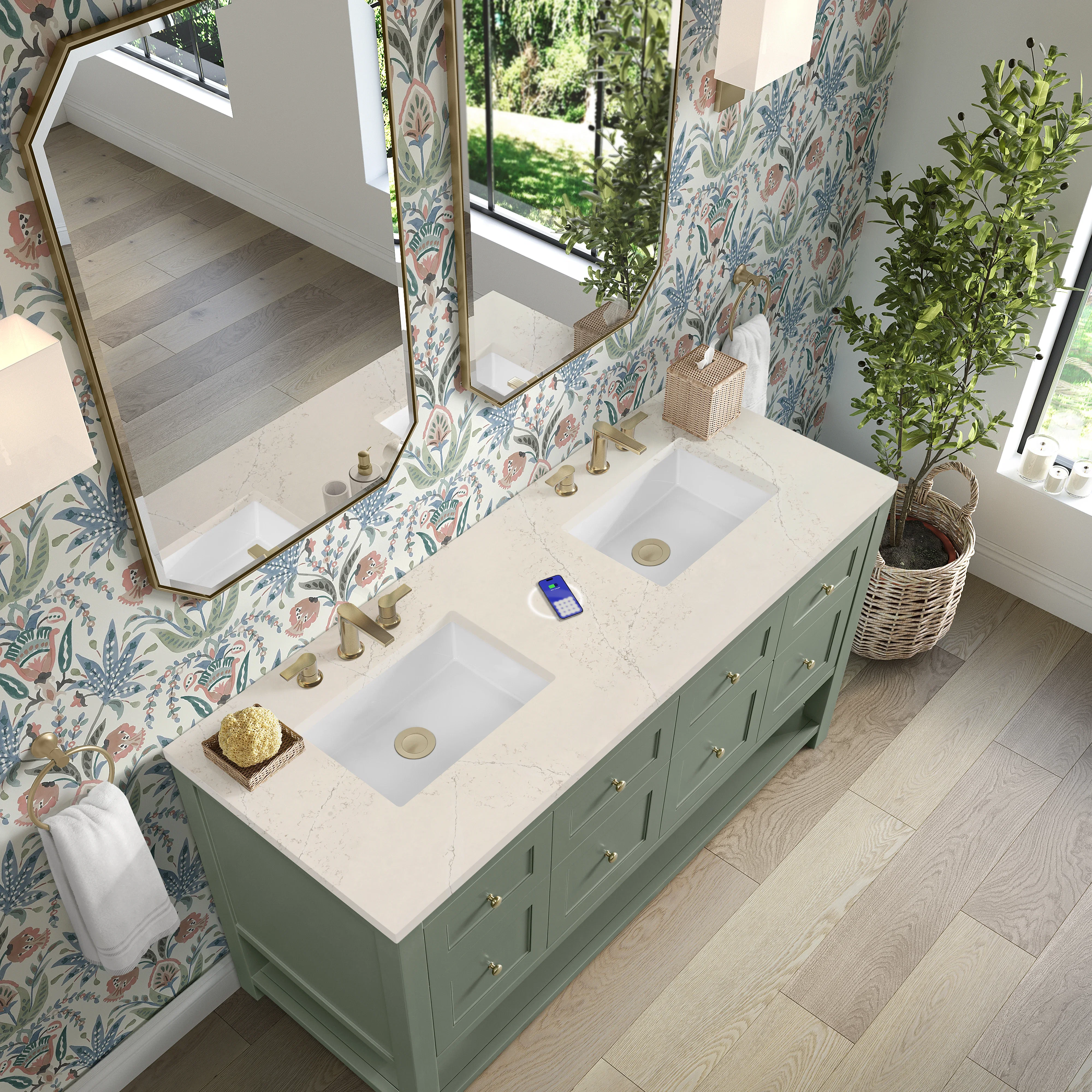 Breckenridge 60" Double Vanity, Smokey Celadon, w/ 3 CM Siberian Silestone Top w/FreePower Wireless Charger