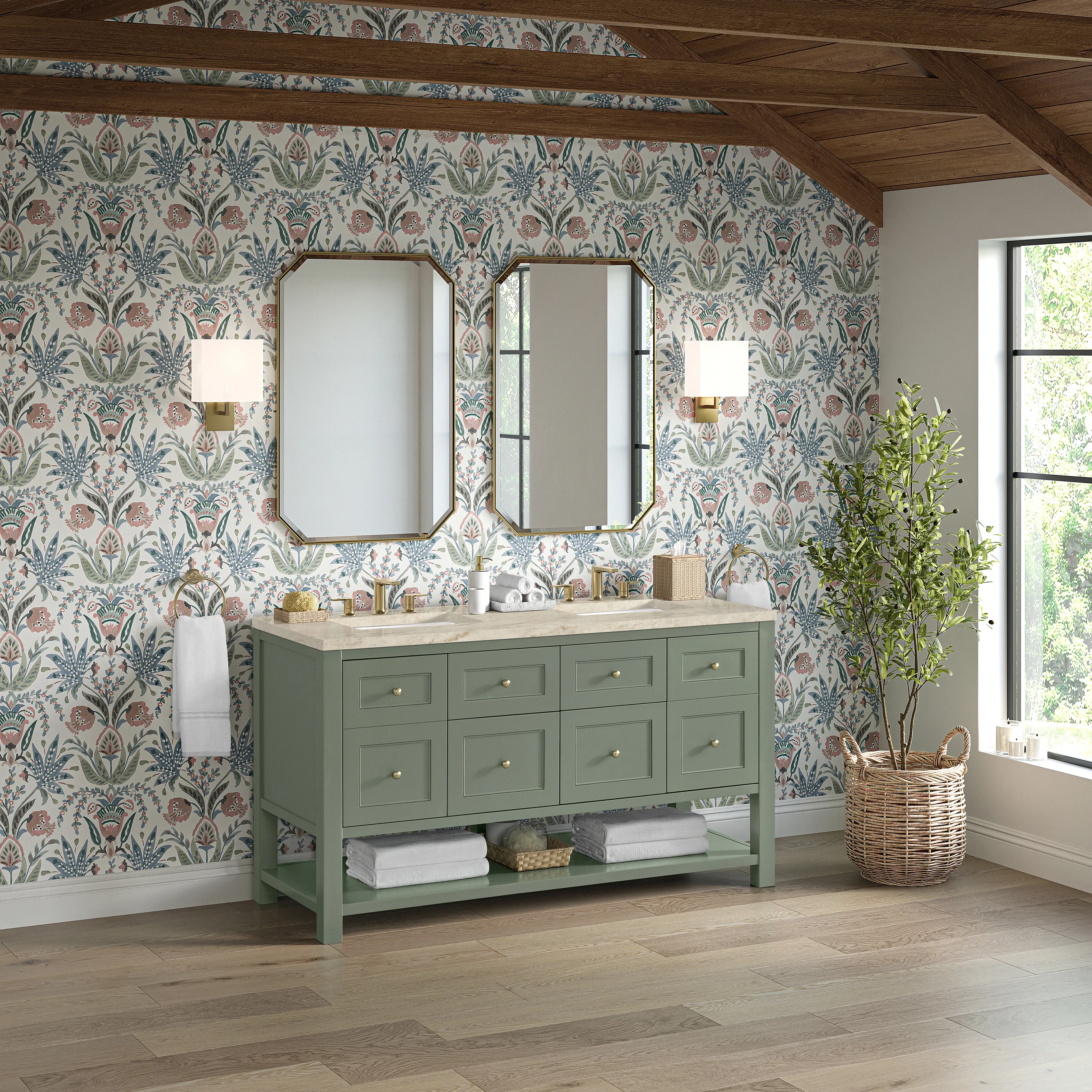Breckenridge 60" Double Vanity, Smokey Celadon, w/ 3 CM Tajnar Eclos Top w/FreePower Wireless Charger