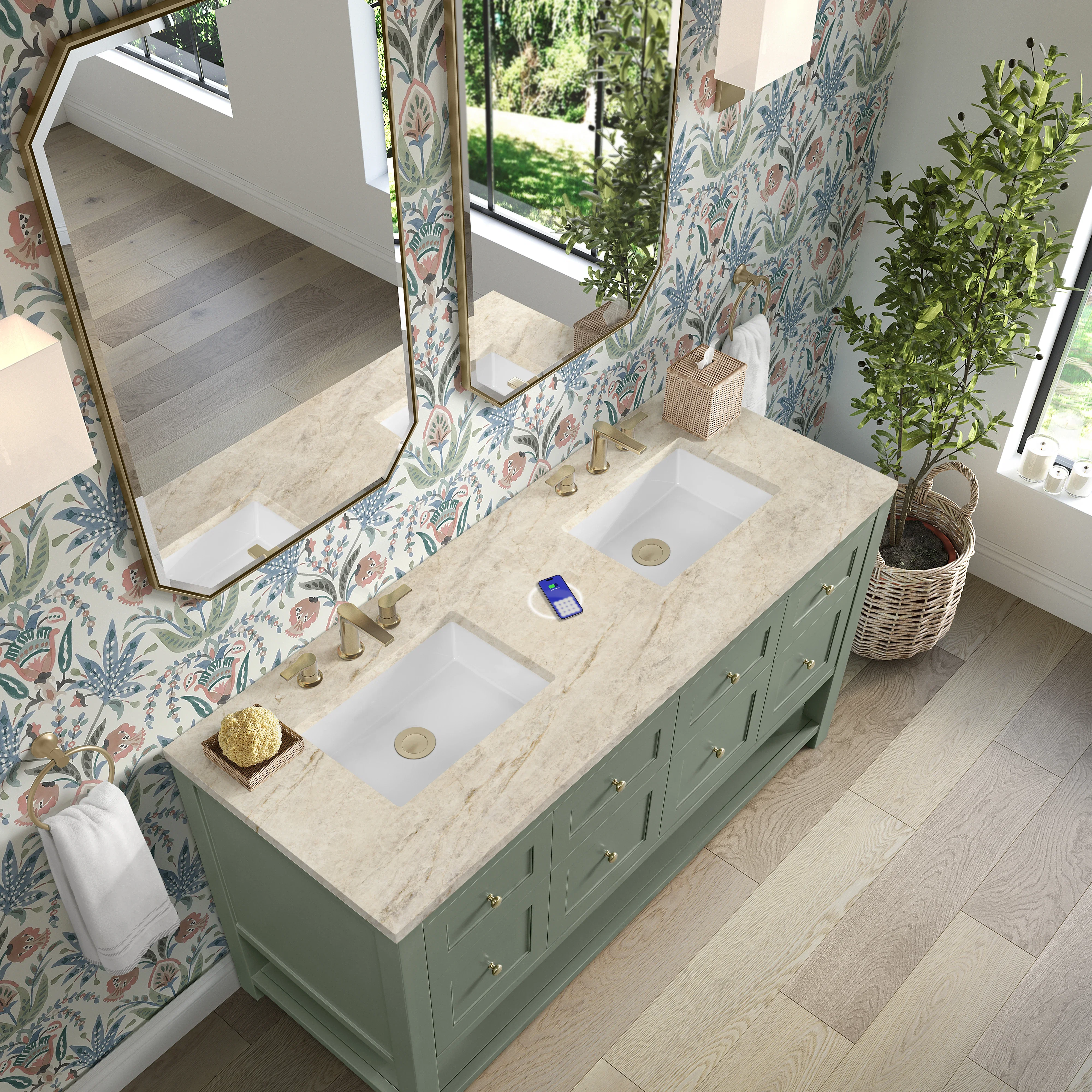 Breckenridge 60" Double Vanity, Smokey Celadon, w/ 3 CM Tajnar Eclos Top w/FreePower Wireless Charger