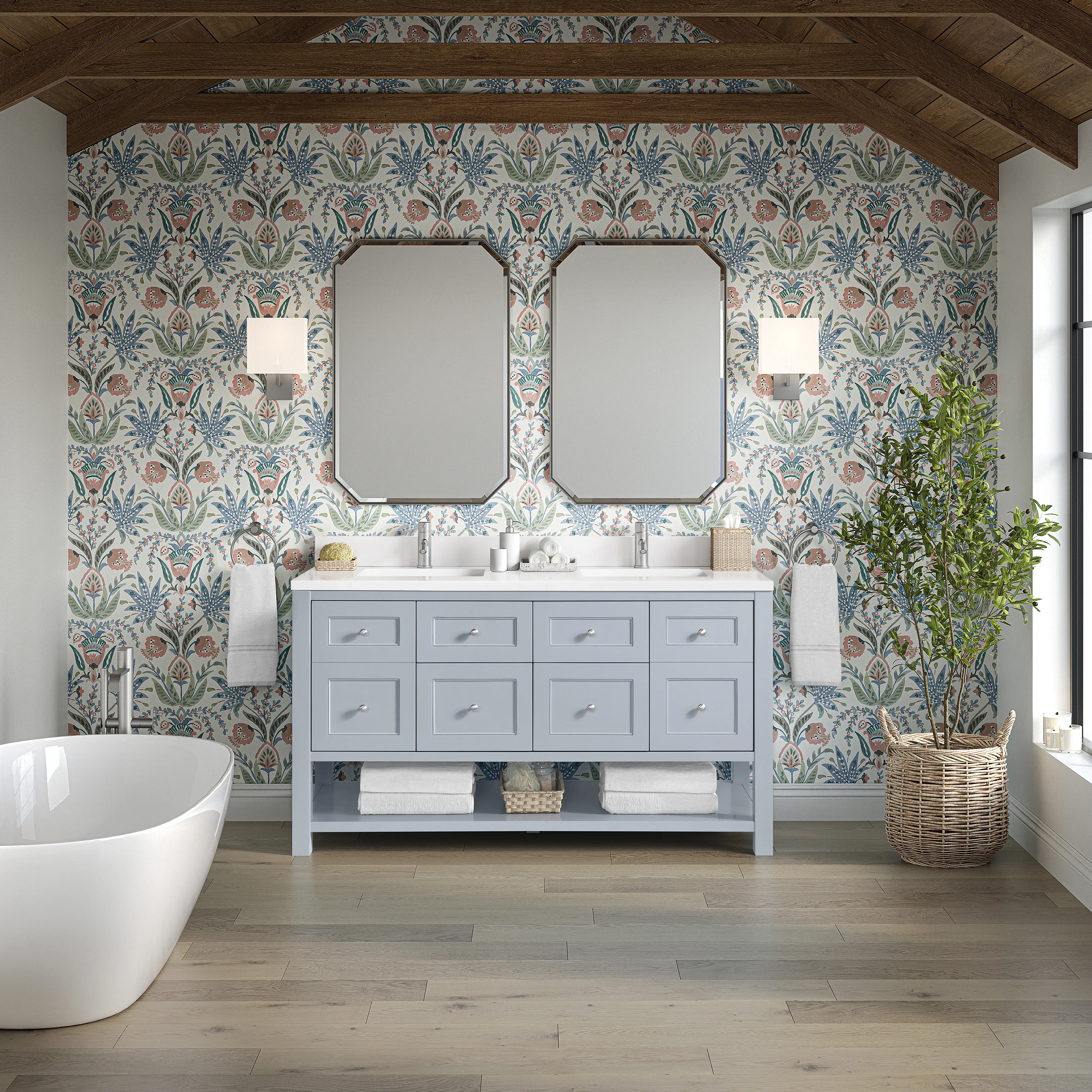 Breckenridge 60" Double Vanity, Serenity Blue, w/ Single Hole 3 CM White Zeus Quartz Top & Backsplash