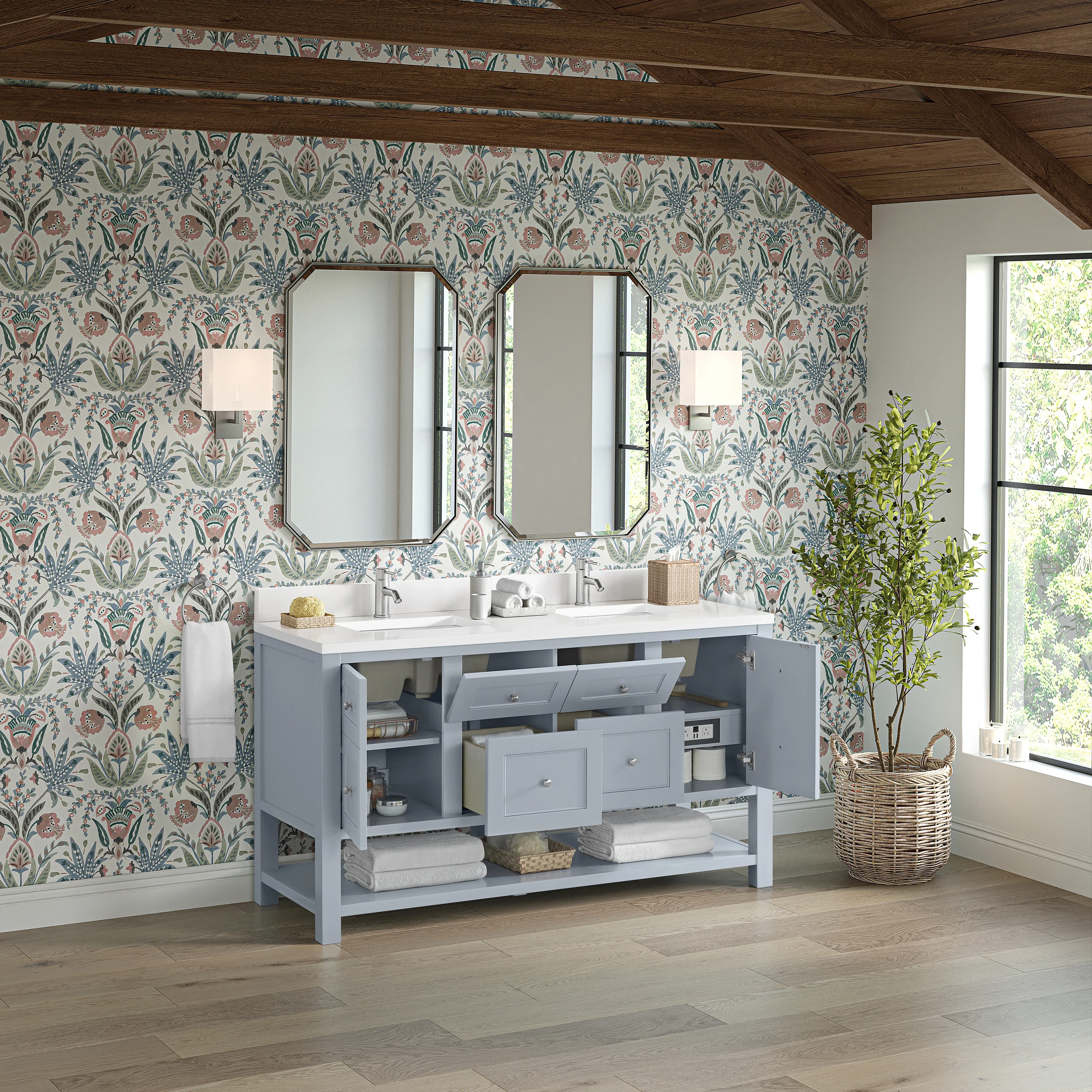 Breckenridge 60" Double Vanity, Serenity Blue, w/ Single Hole 3 CM White Zeus Quartz Top & Backsplash