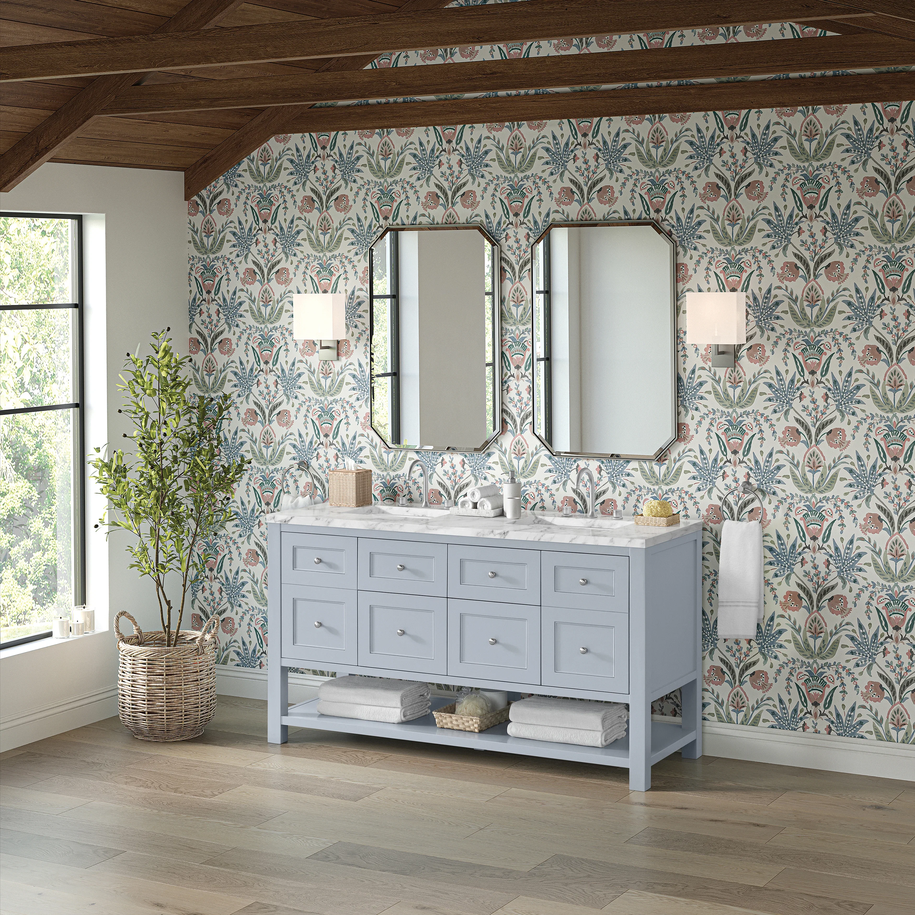 Breckenridge 60" Double Vanity, Serenity Blue, w/ 3 CM Carrara Marble Top