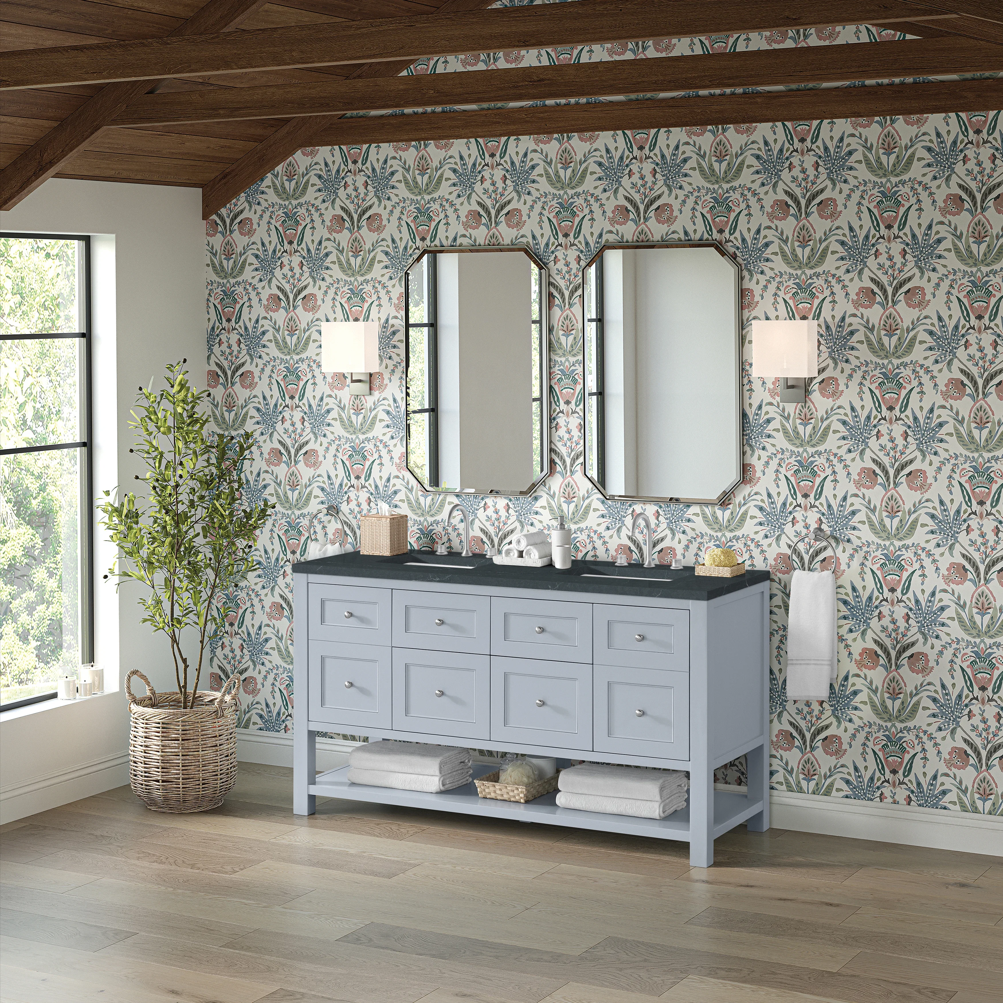 Breckenridge 60" Double Vanity, Serenity Blue, w/ 3 CM Charcoal Soapstone Quartz Top