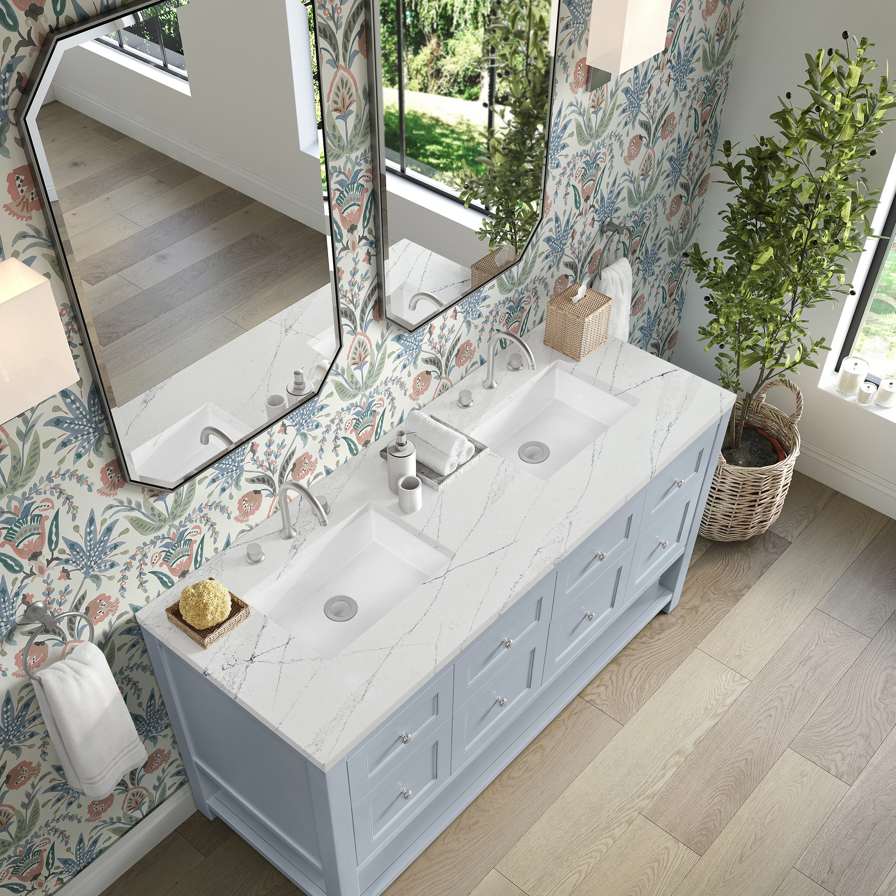 Breckenridge 60" Double Vanity, Serenity Blue, w/ 3 CM Ethereal Noctis Quartz Top