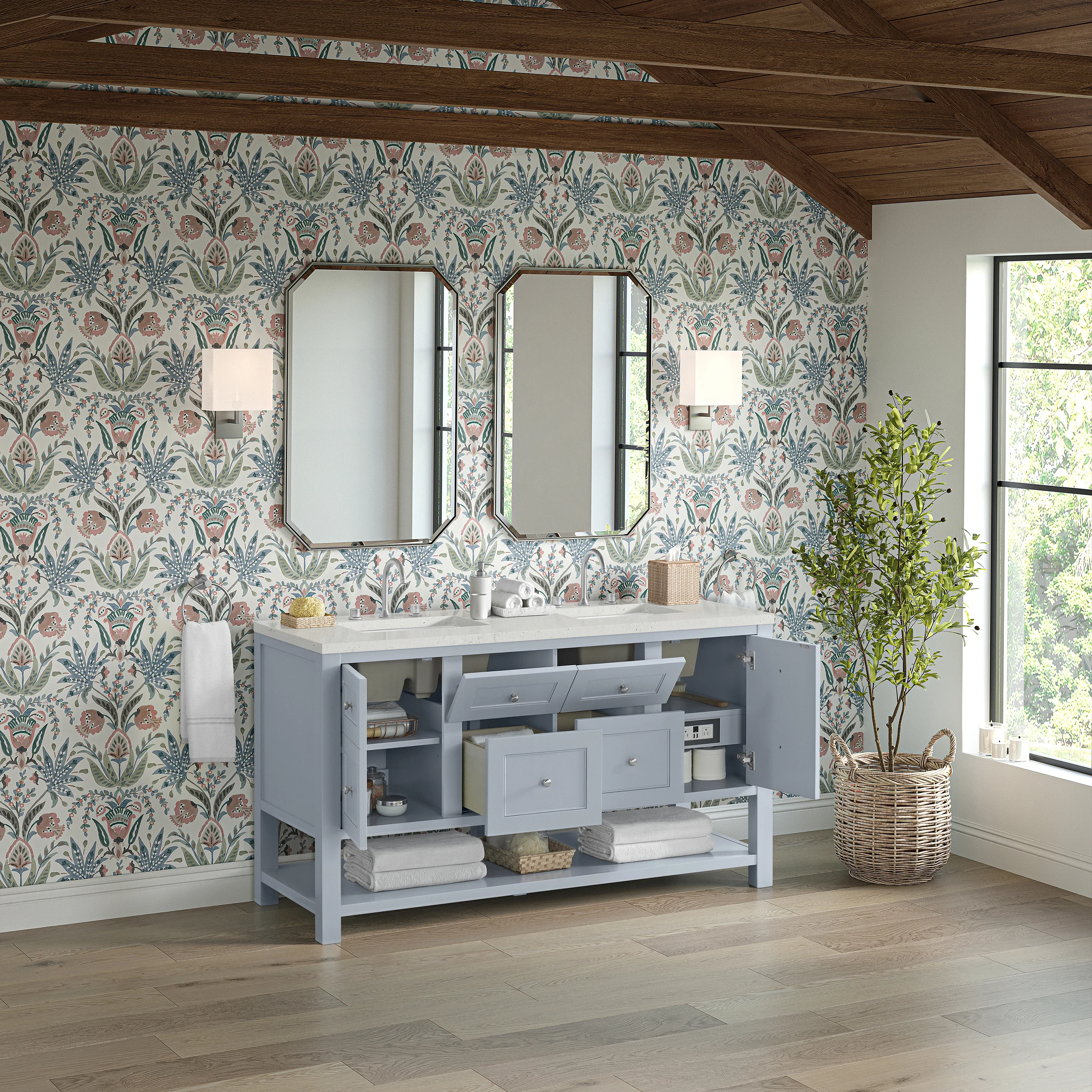 Breckenridge 60" Double Vanity, Serenity Blue, w/ 3 CM Lime Delight Quartz Top