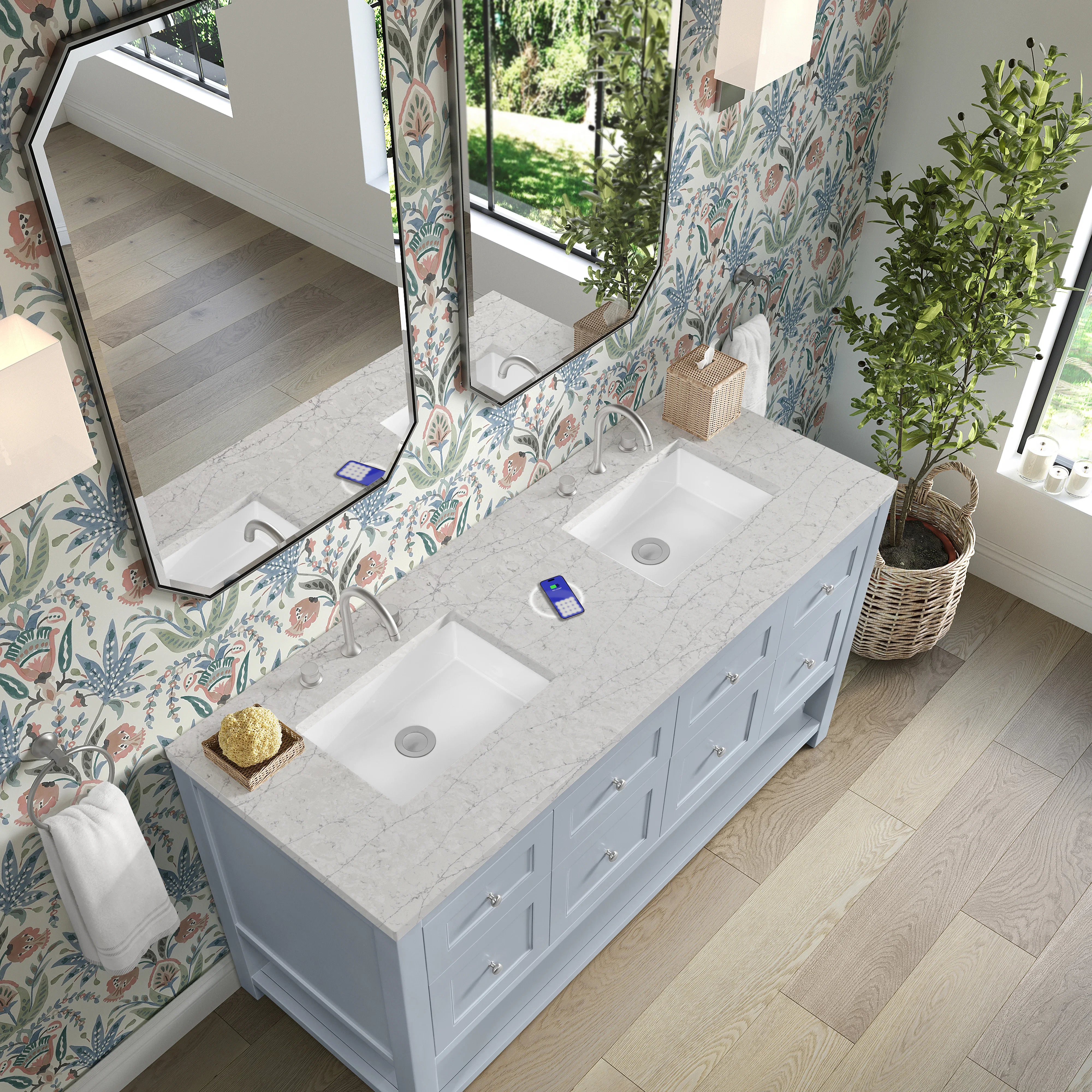 Breckenridge 60" Double Vanity, Serenity Blue, w/ 3 CM Eternal Jasmine Pearl Quartz Top w/FreePower Wireless Charger